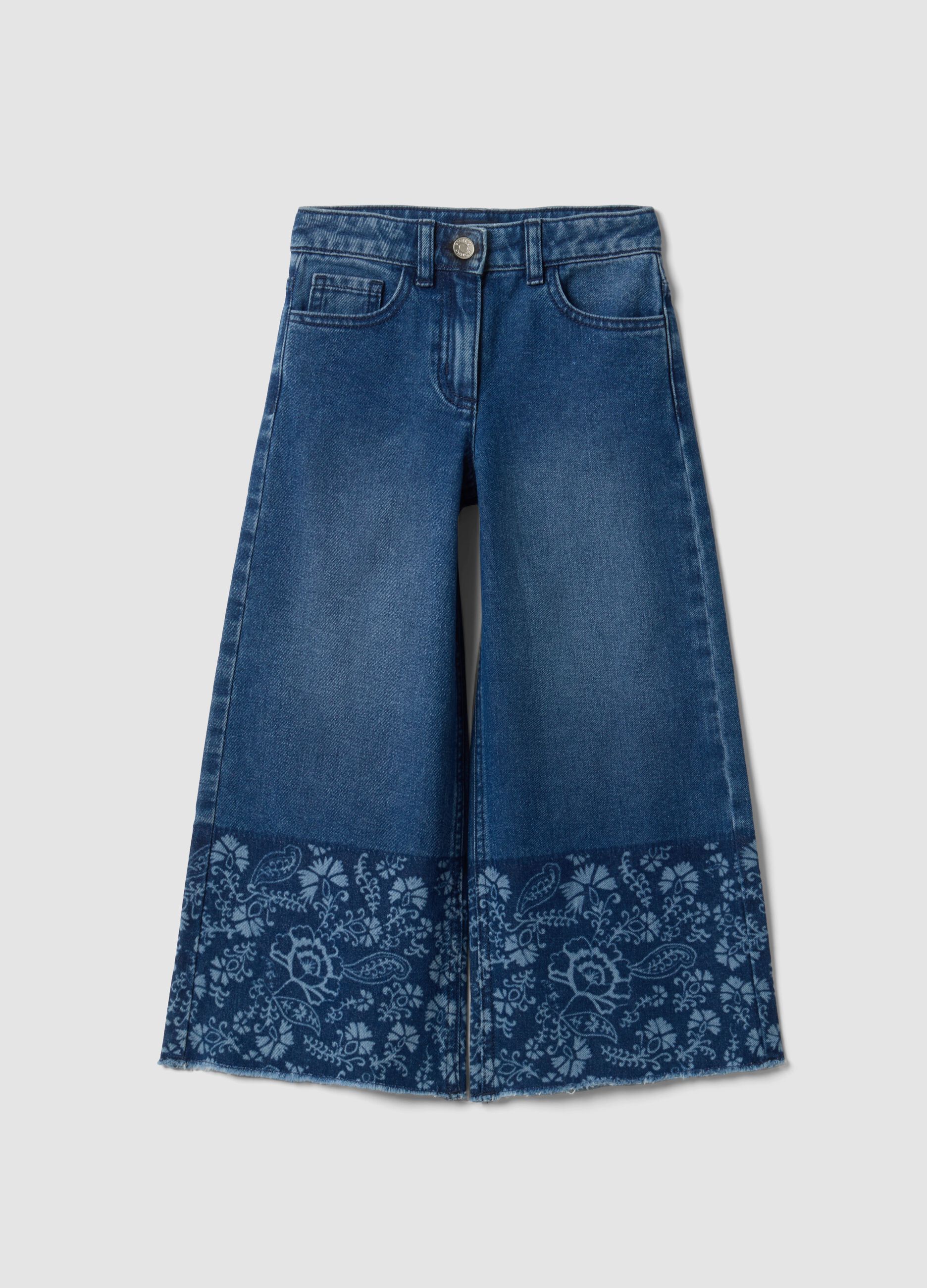 Blue wide-leg pure cotton jeans with floral print for girls