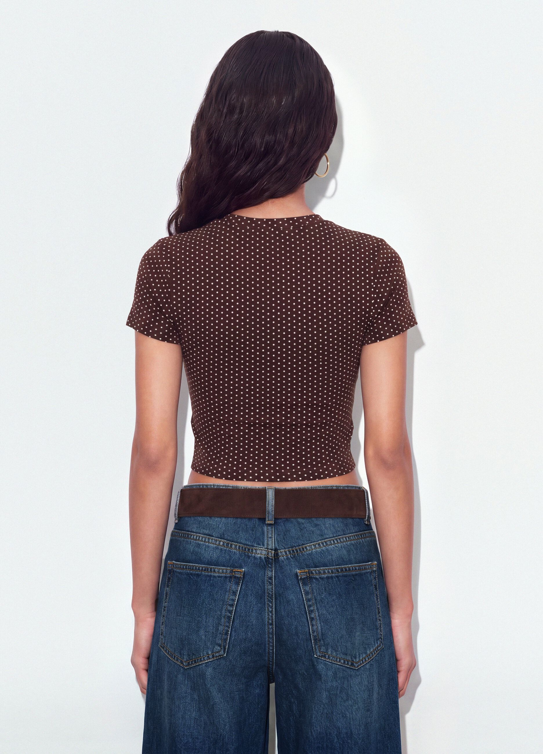 Brown polka-dot cropped pure cotton T-shirt, regular fit