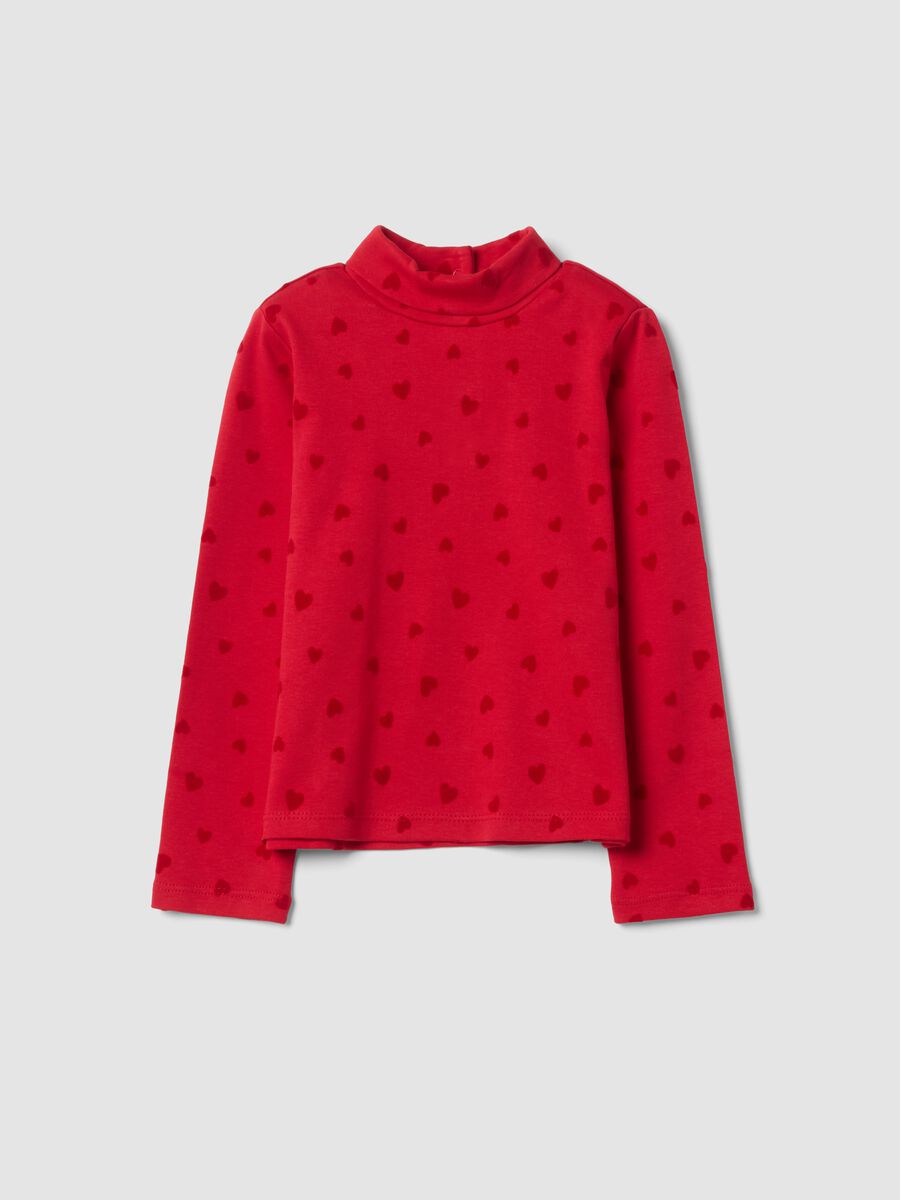 Maglietta rossa in puro cotone dolcevita con stampa cuori_0
