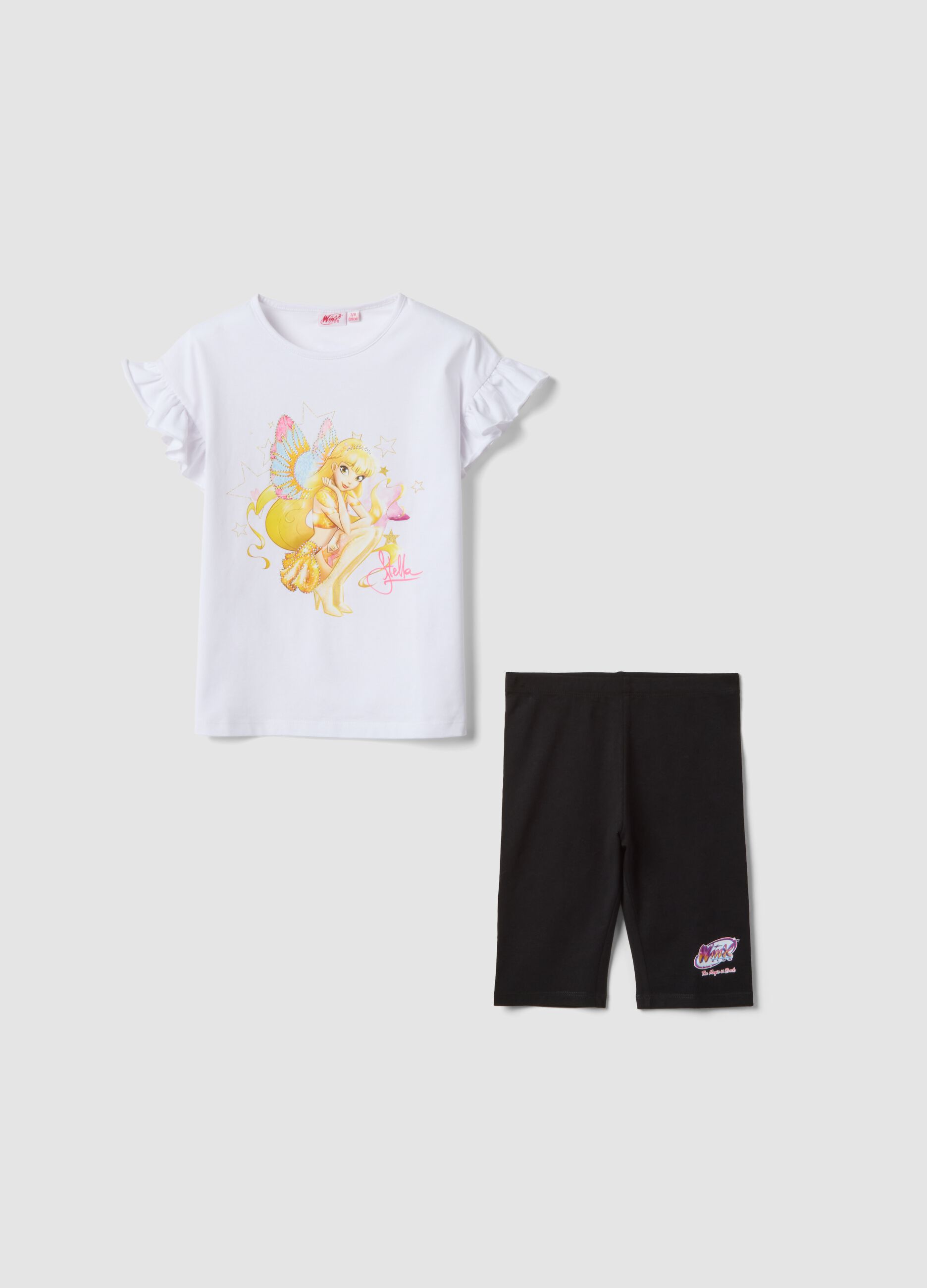Completo bianco e nero in cotone elasticizzato con t-shirt e leggings per bambina regular fit