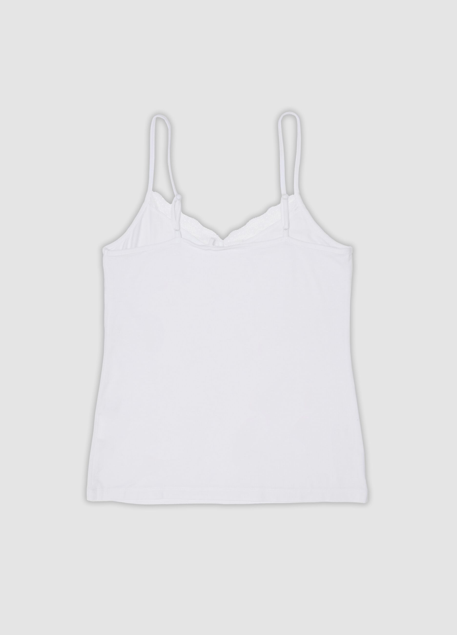 White stretch viscose camisole with deep V-neck lace trim