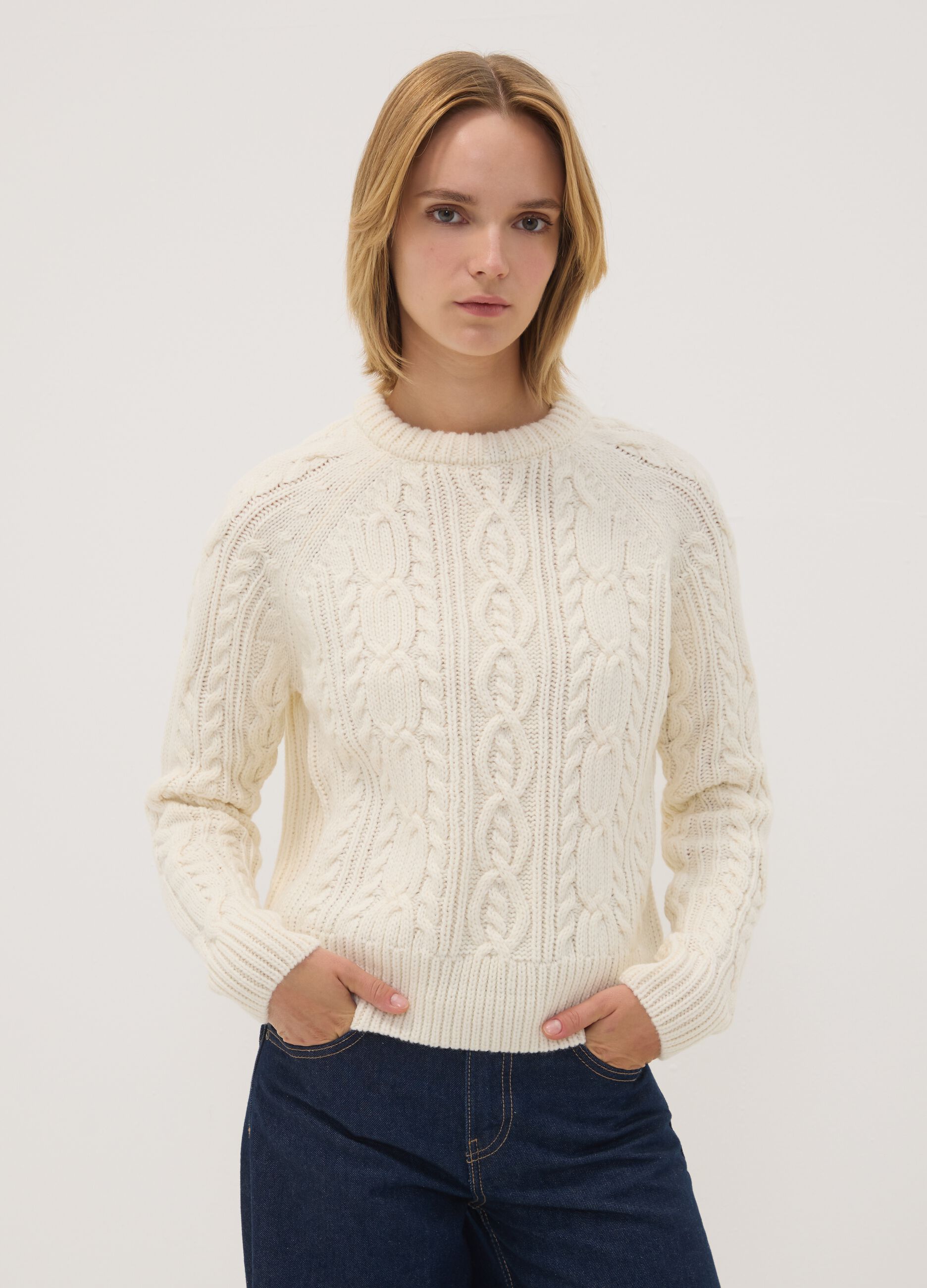 White wool-blend cable-knit crew-neck jumper