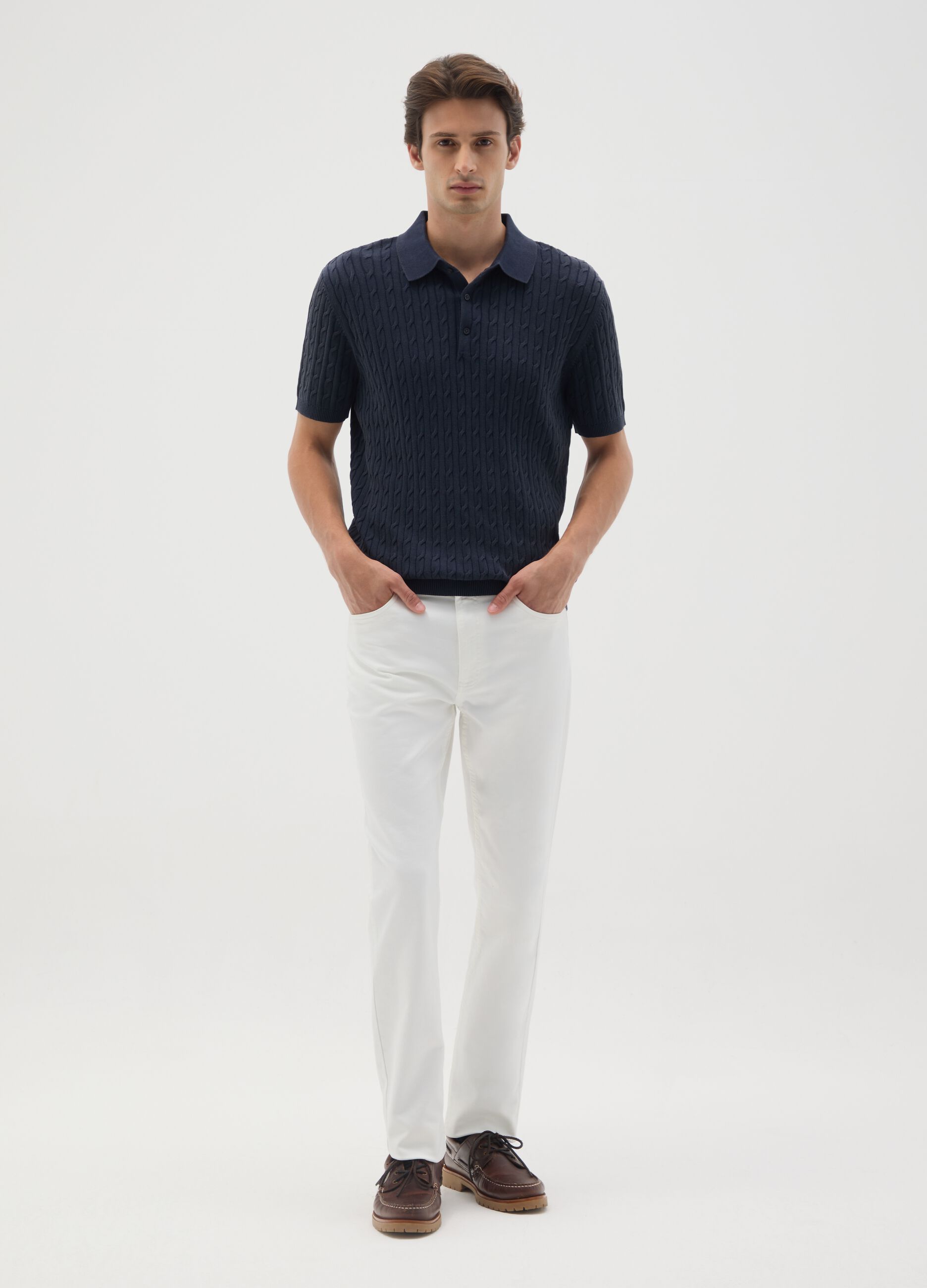 White Stretch Cotton Slim Fit Trousers