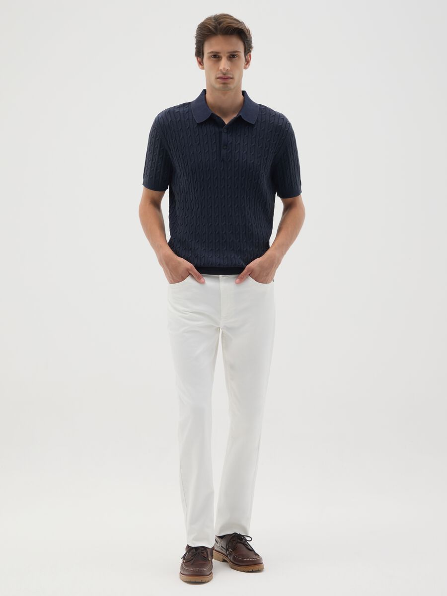 White Stretch Cotton Slim Fit Trousers_0