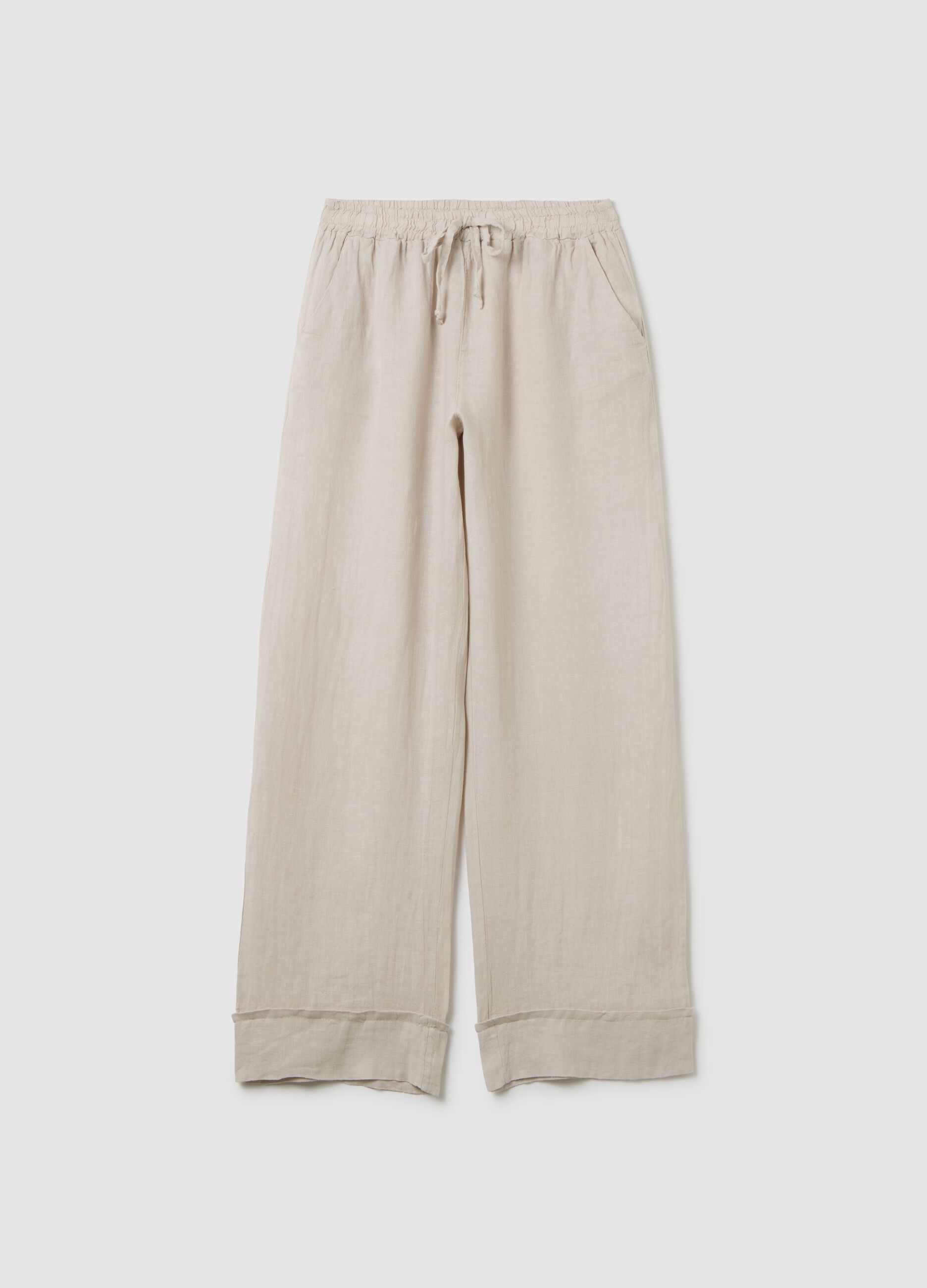 Women's beige pure linen trousers with regular fit