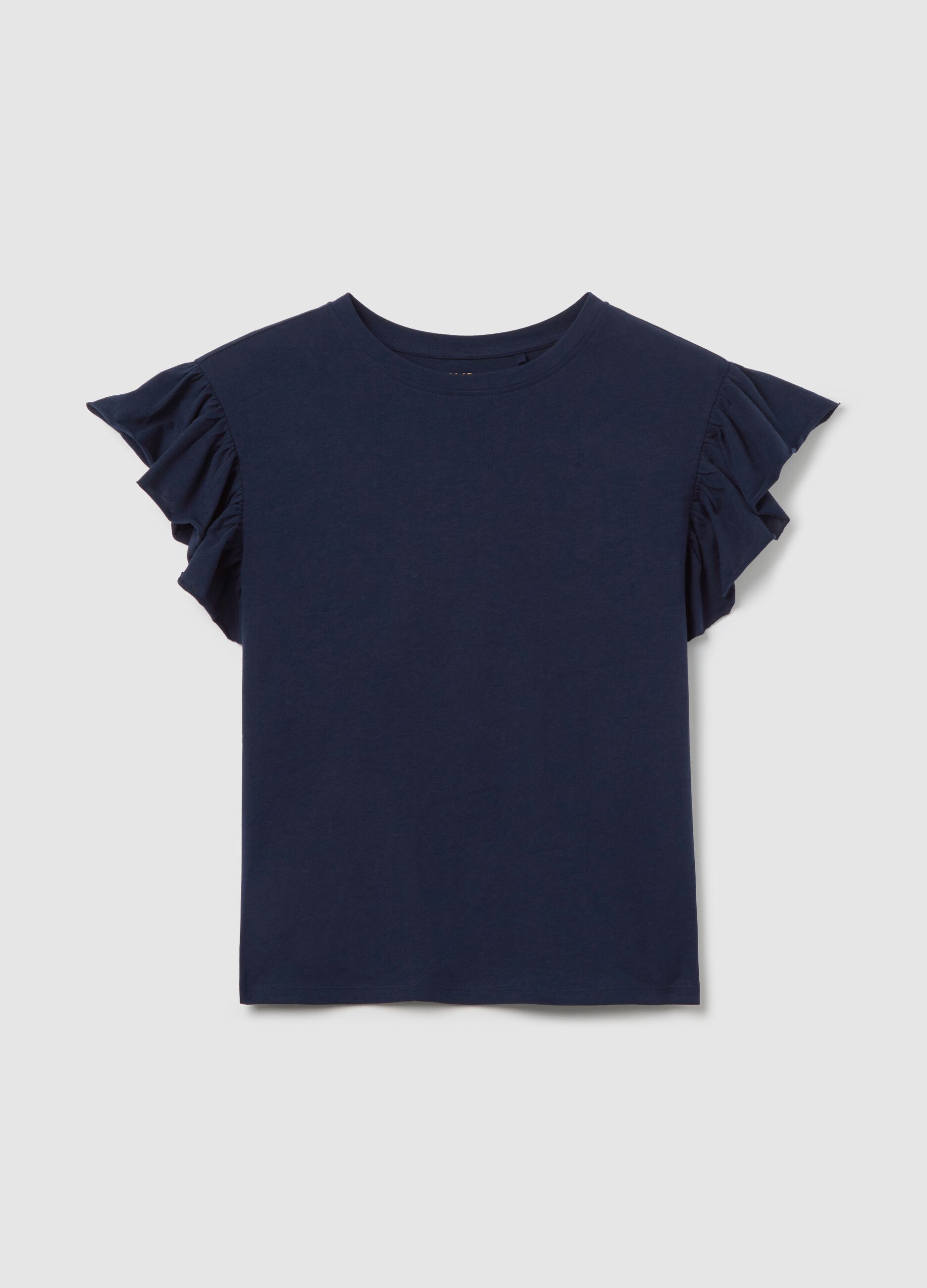 T-shirt blu con maniche corte e volant