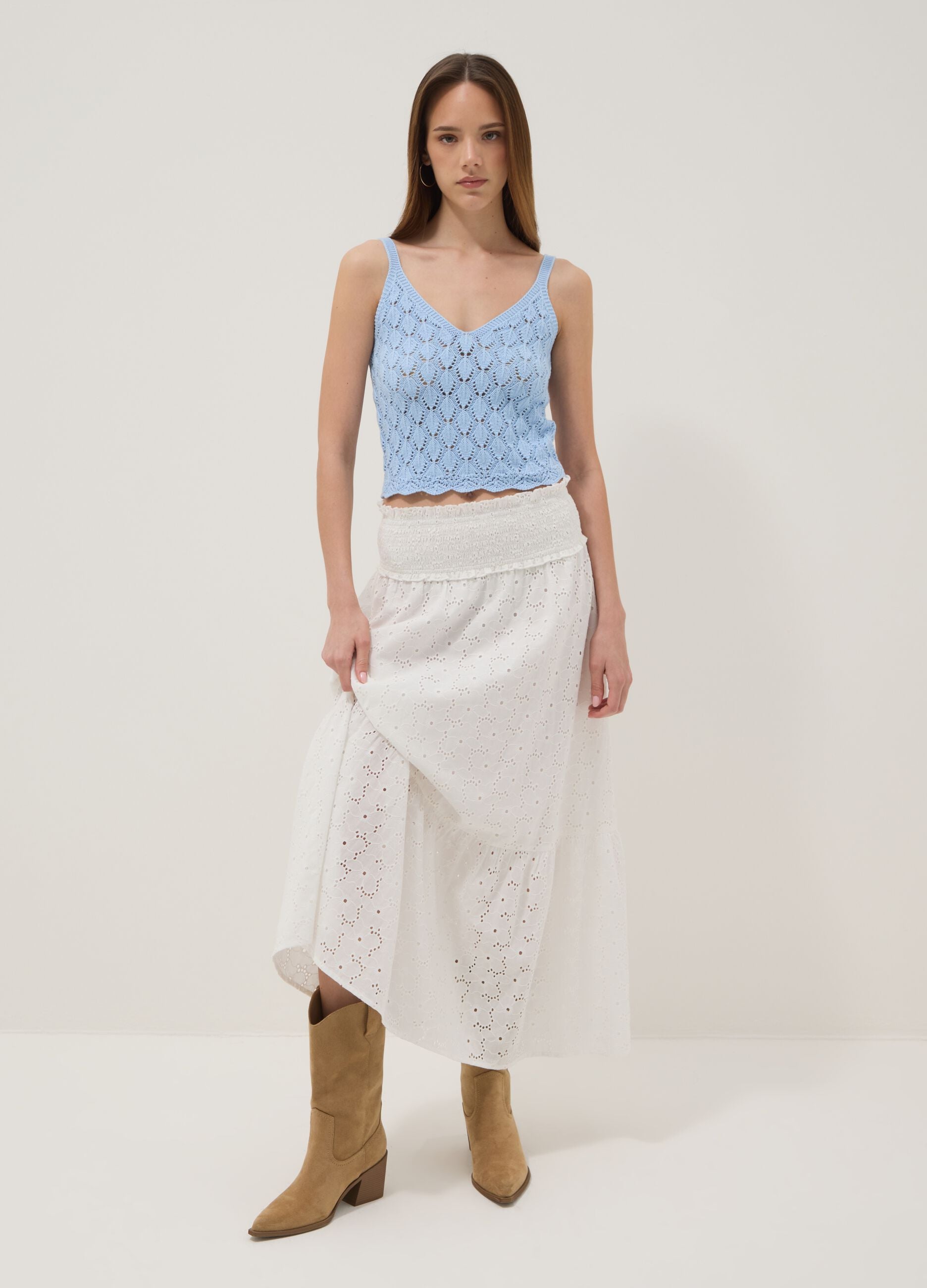 Sky-blue crochet waistcoat in pure cotton, regular fit