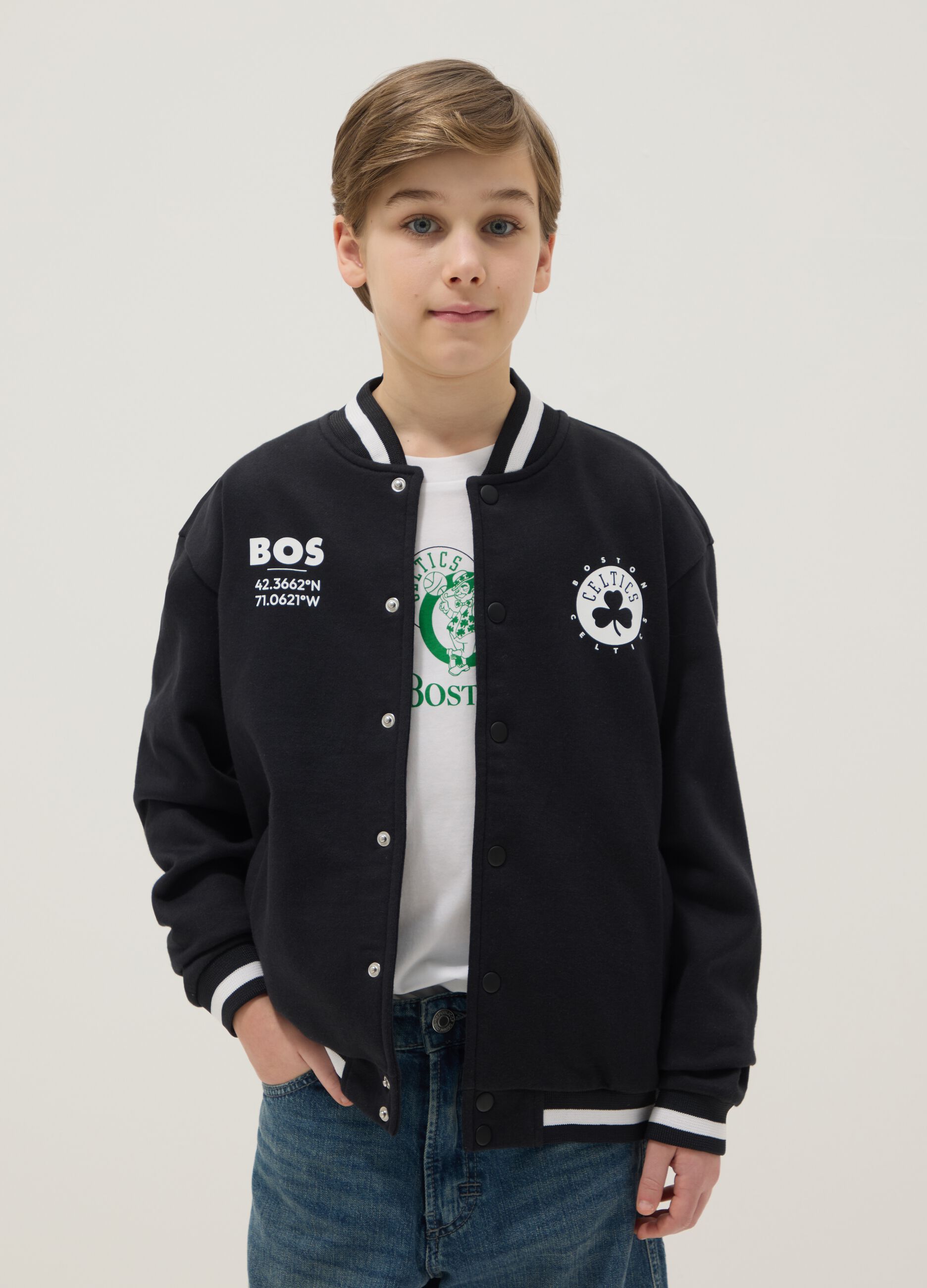 Children's regular fit black cotton-blend jacket with Celtics embroidery
