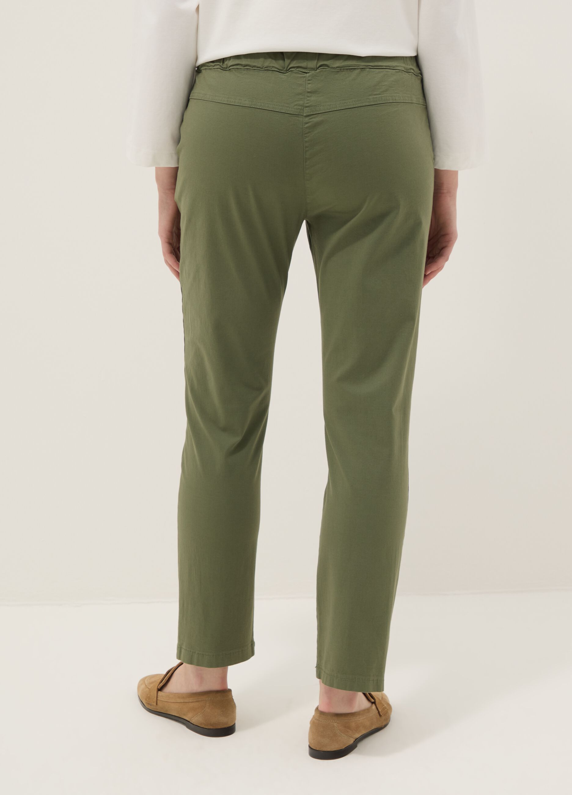 Green stretch-cotton trousers with drawstring