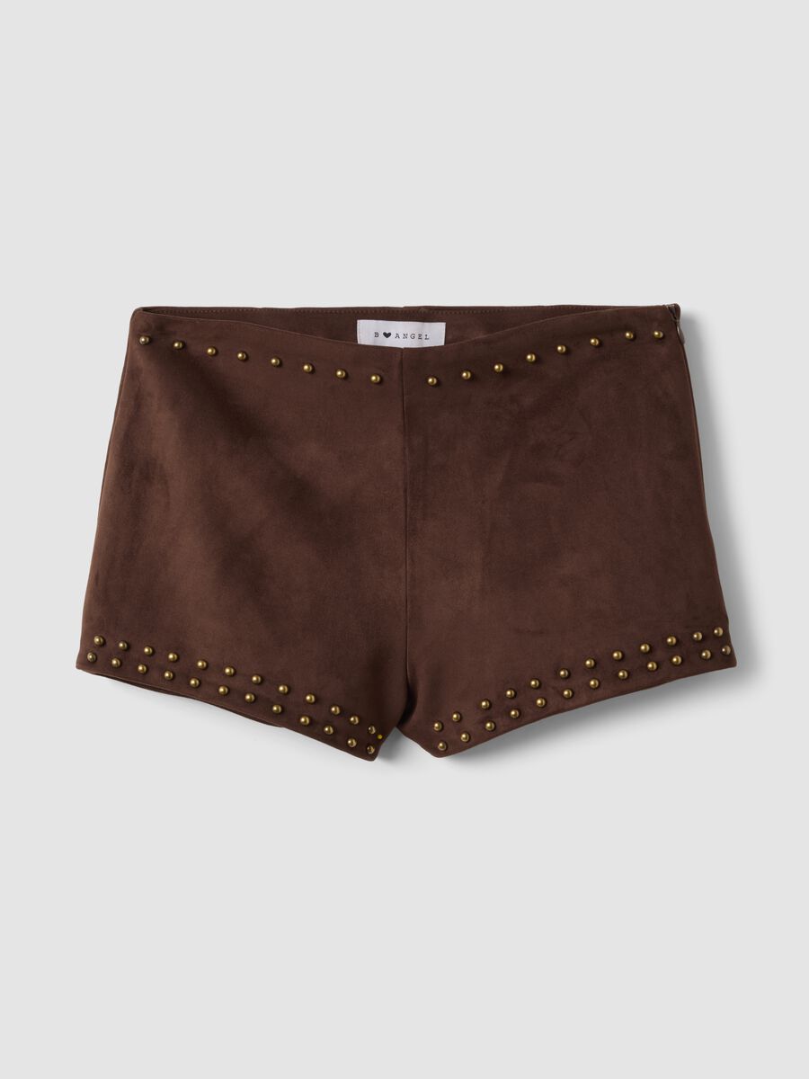Mini shorts marroni in tessuto elasticizzato con borchie_4