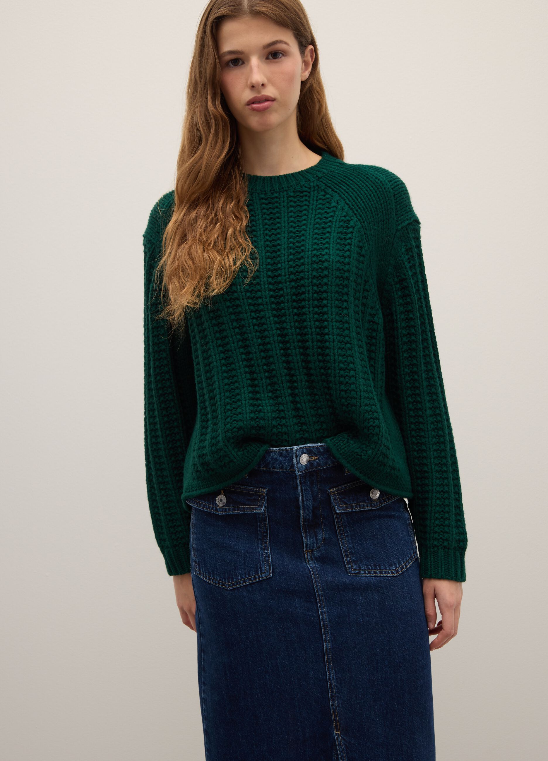 Green Sweater with Knitted Oversize Fit