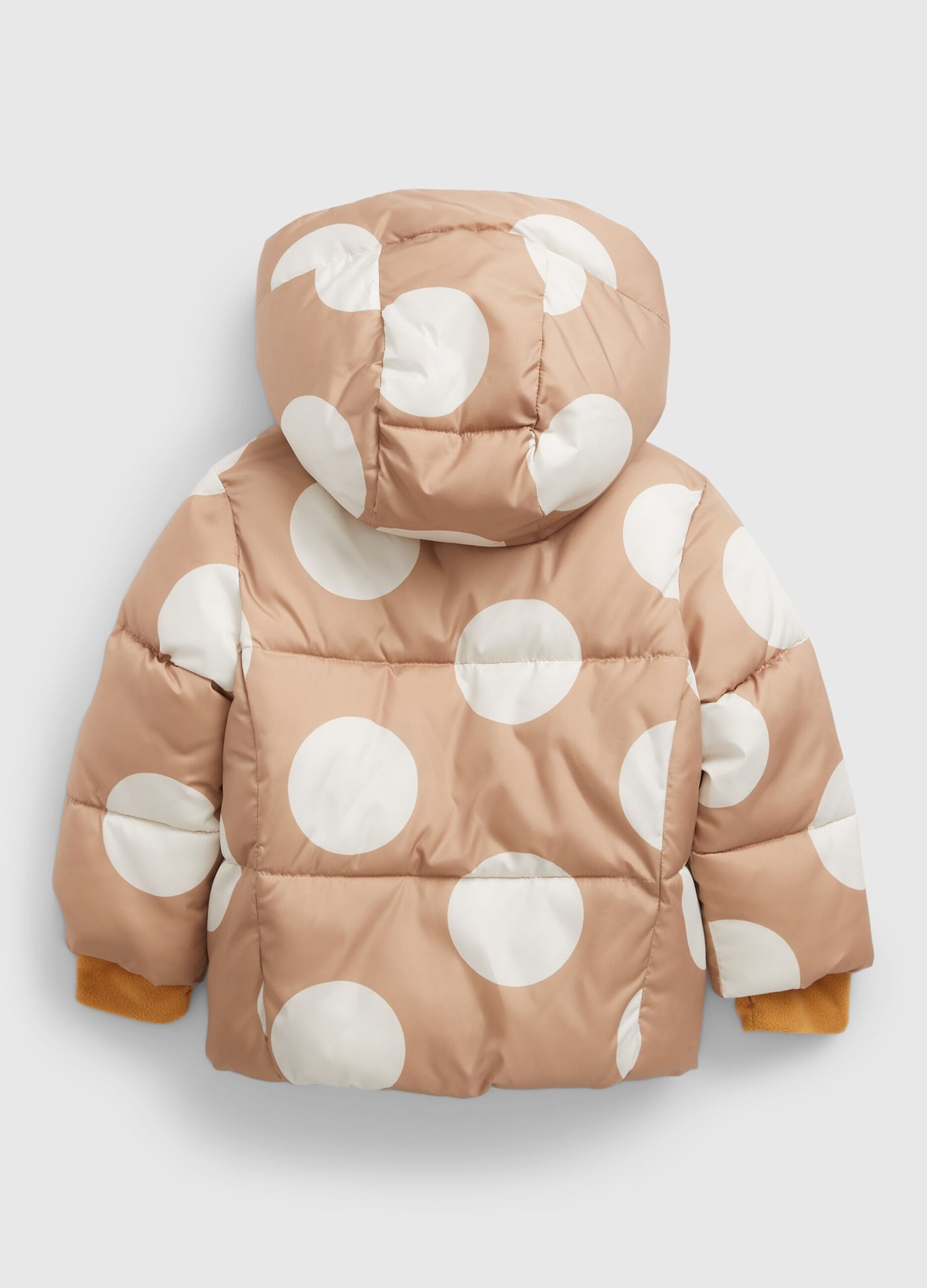 Down jacket with hood and polka dot print