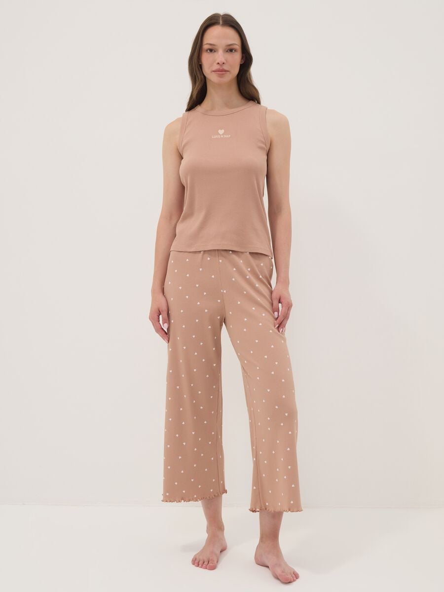 Brown pure organic cotton pyjamas with sleeveless top and printed trousers_0
