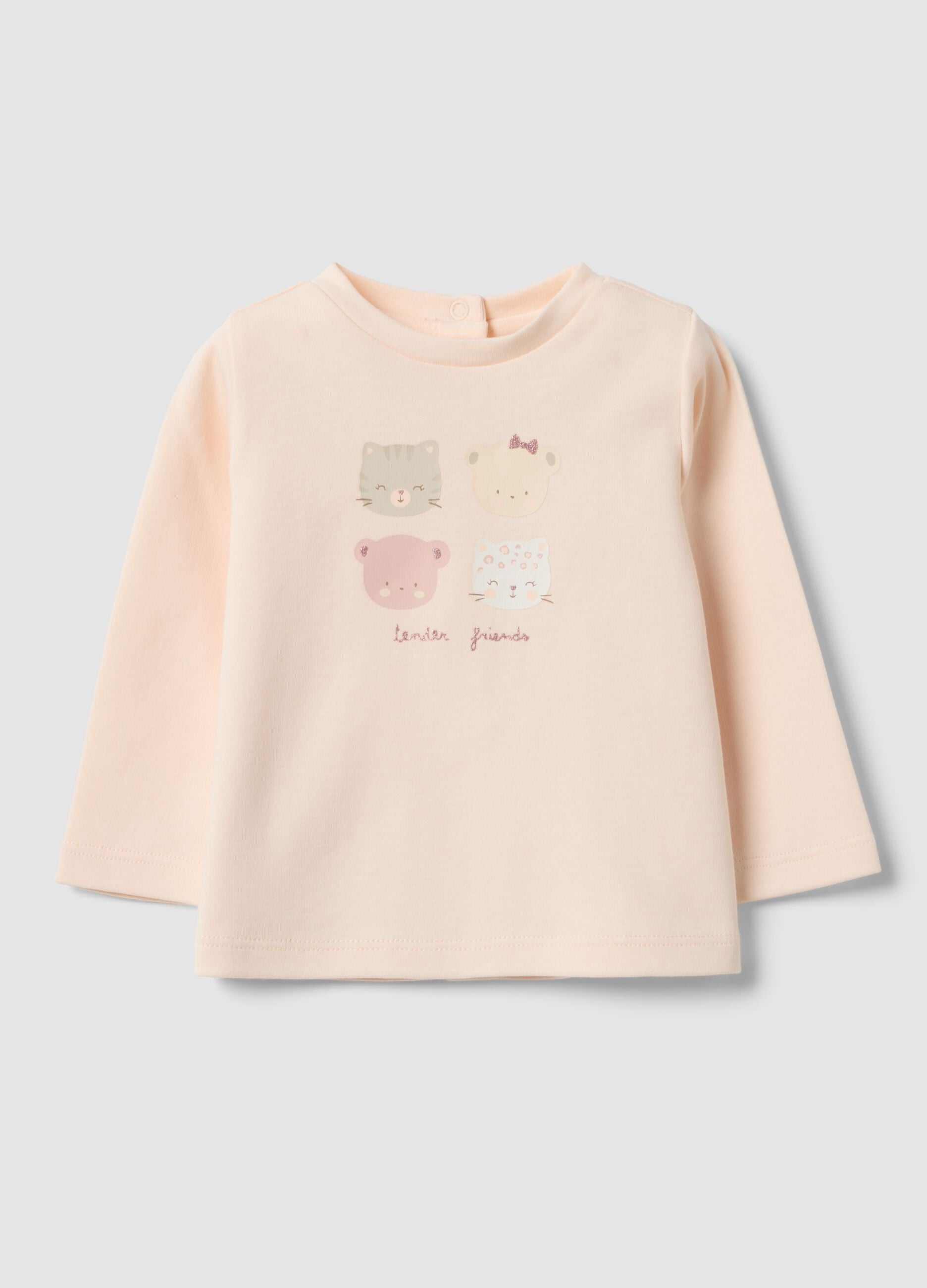 Pink organic cotton crew-neck top with little animal print