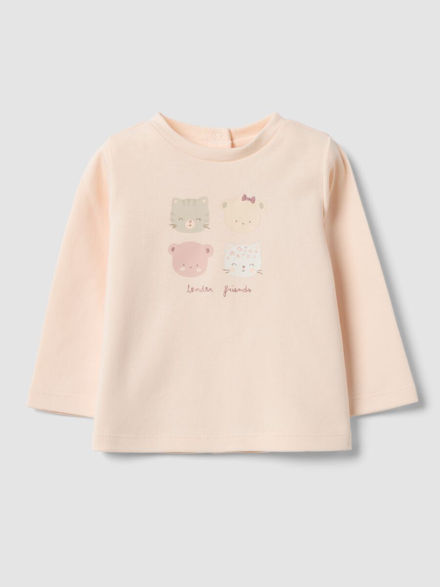 Maglia rosa in puro cotone organico con girocollo e stampa animaletti_0