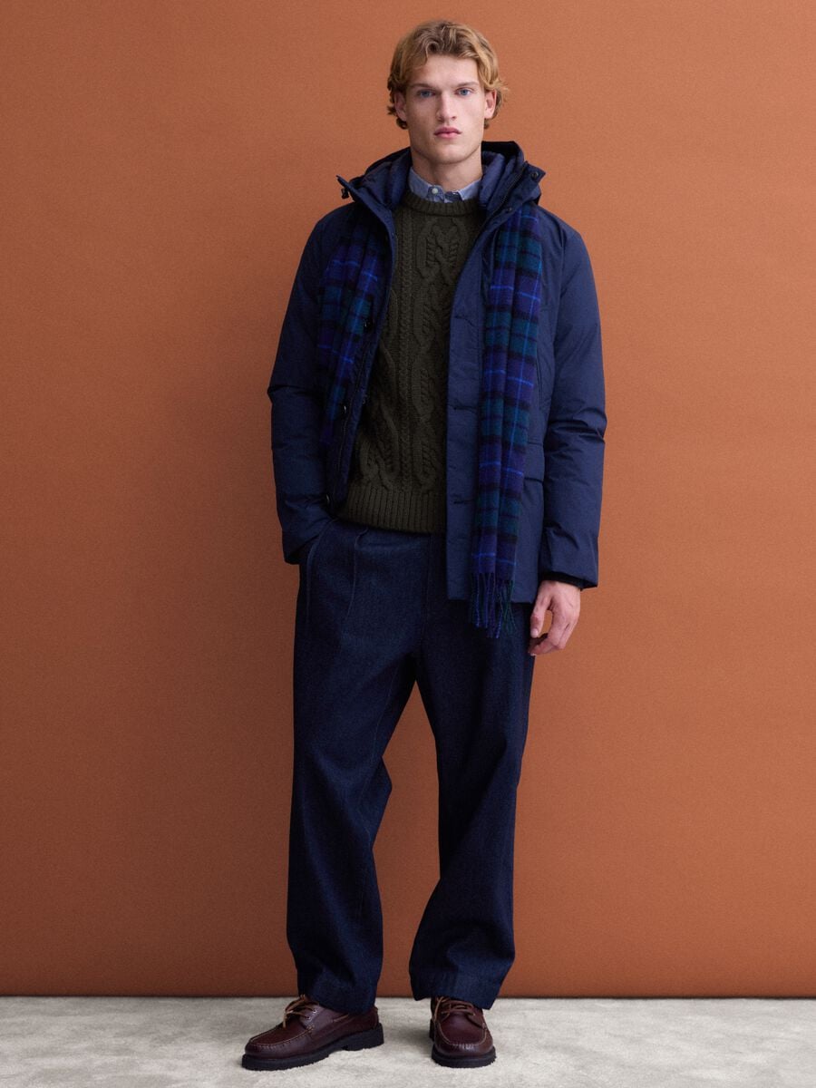 Parka imbottito lungo blu navy con cappuccio_1