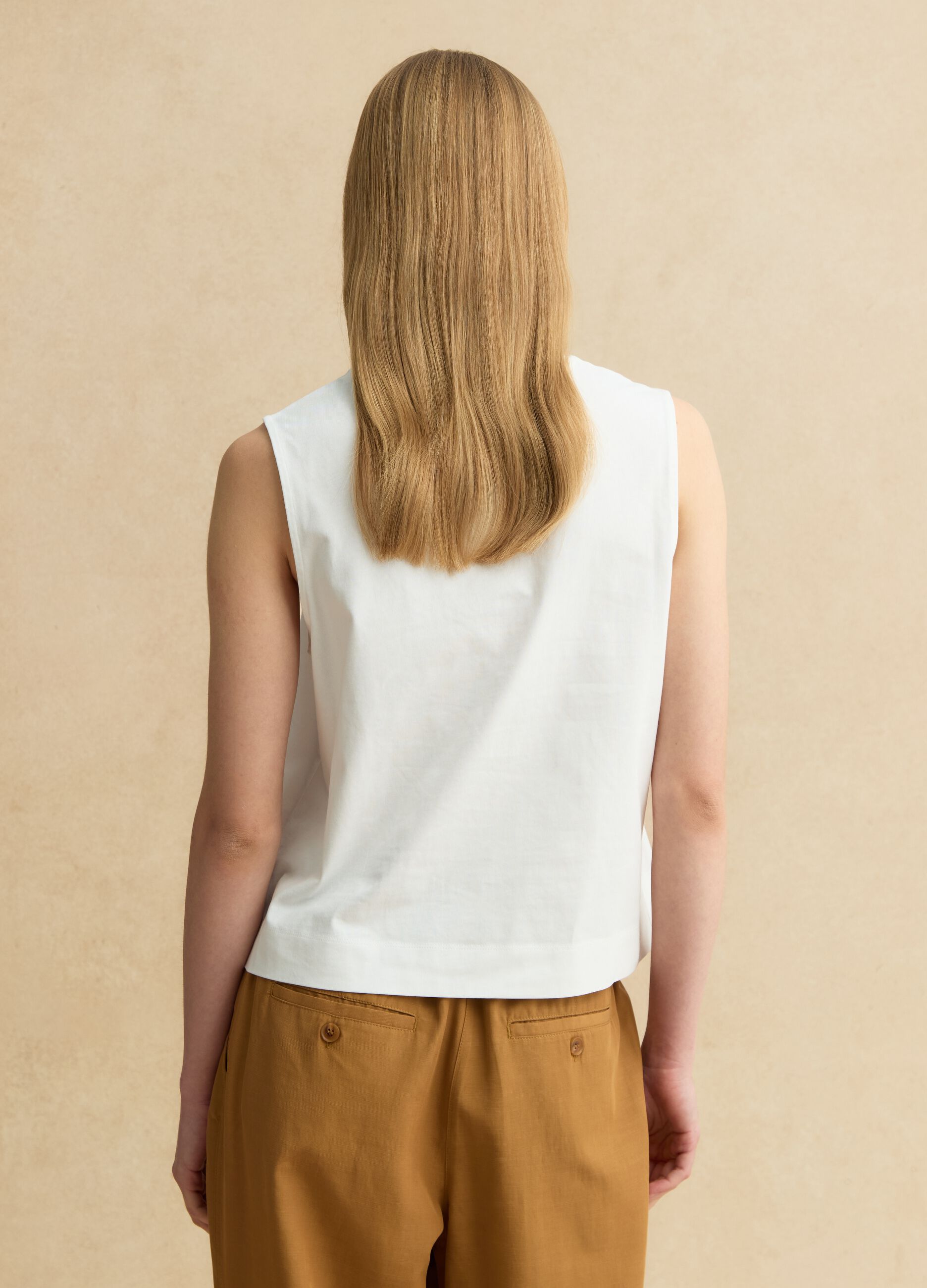 White cotton tank top with regular fit and embroidery