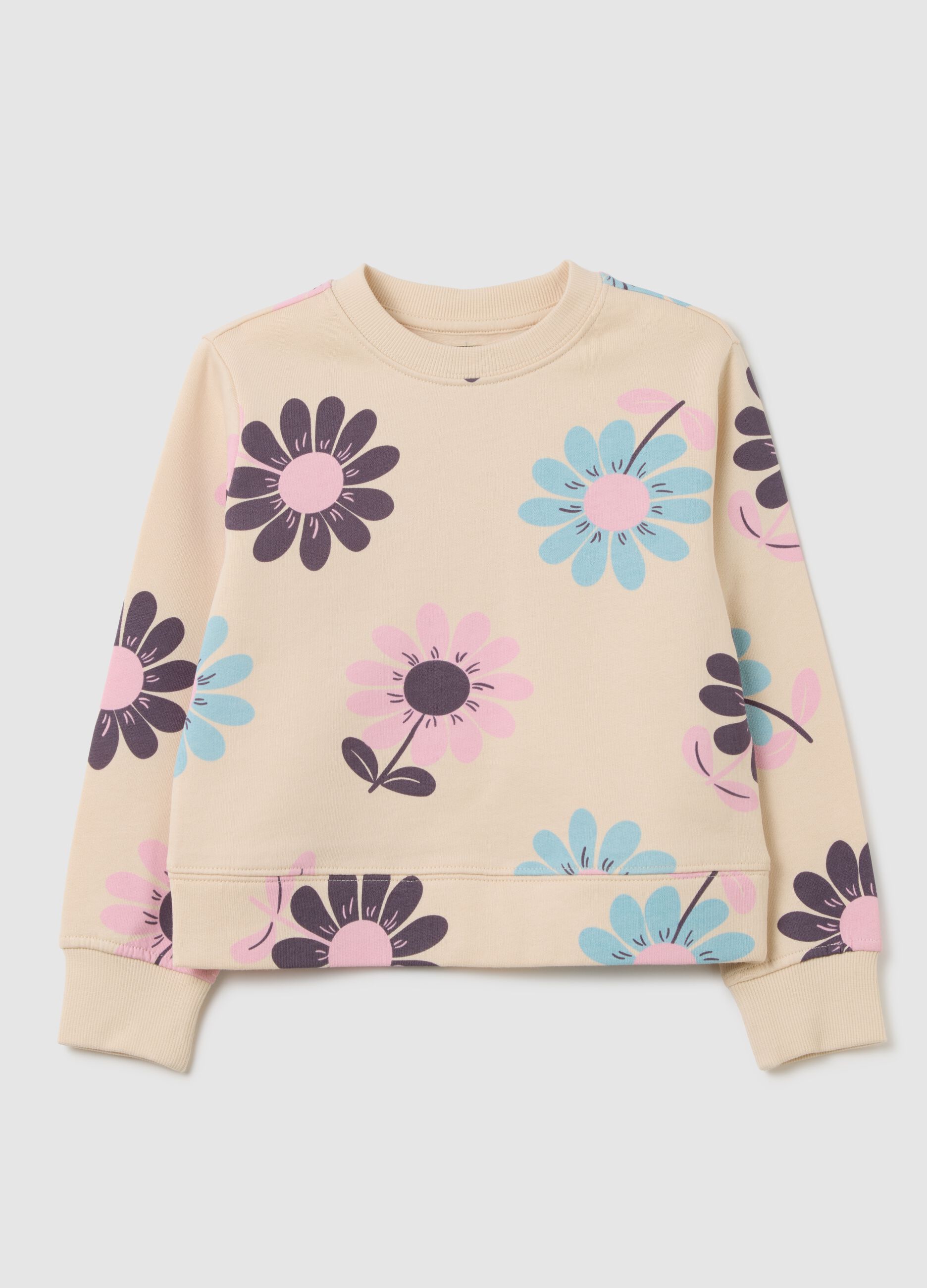 Girl's regular fit pink sweatshirt in pure cotton with floral print