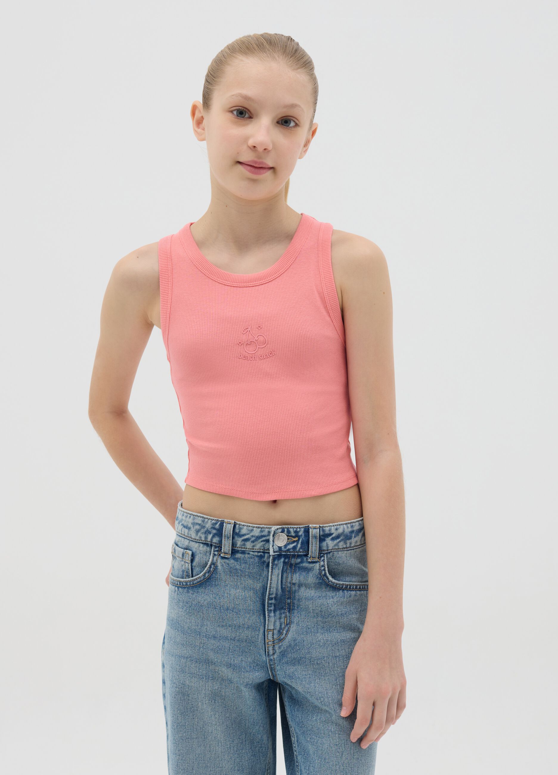 Pink ribbed stretch cotton tank top with print