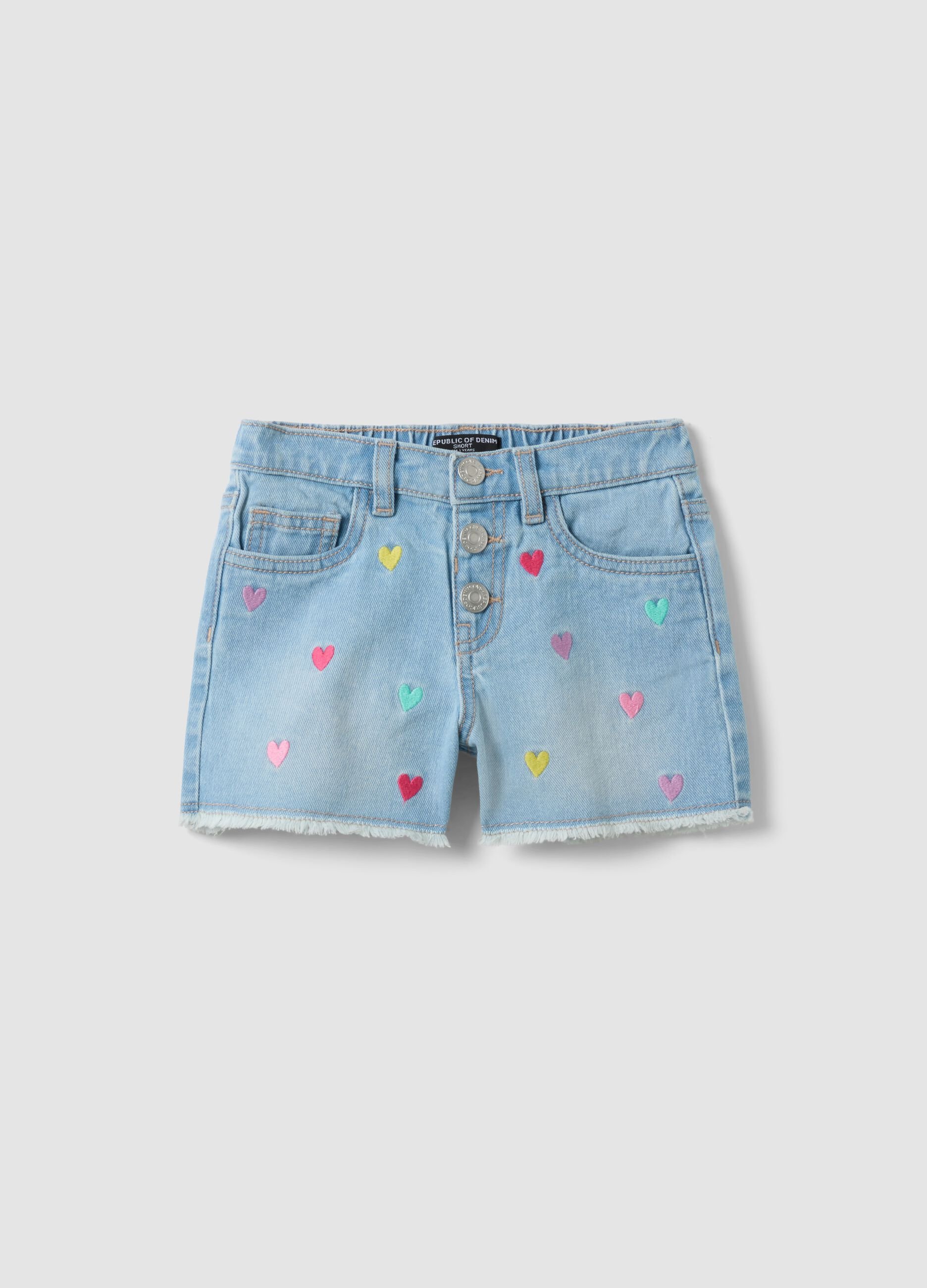 Light blue pure cotton denim shorts with embroidered hearts for girls