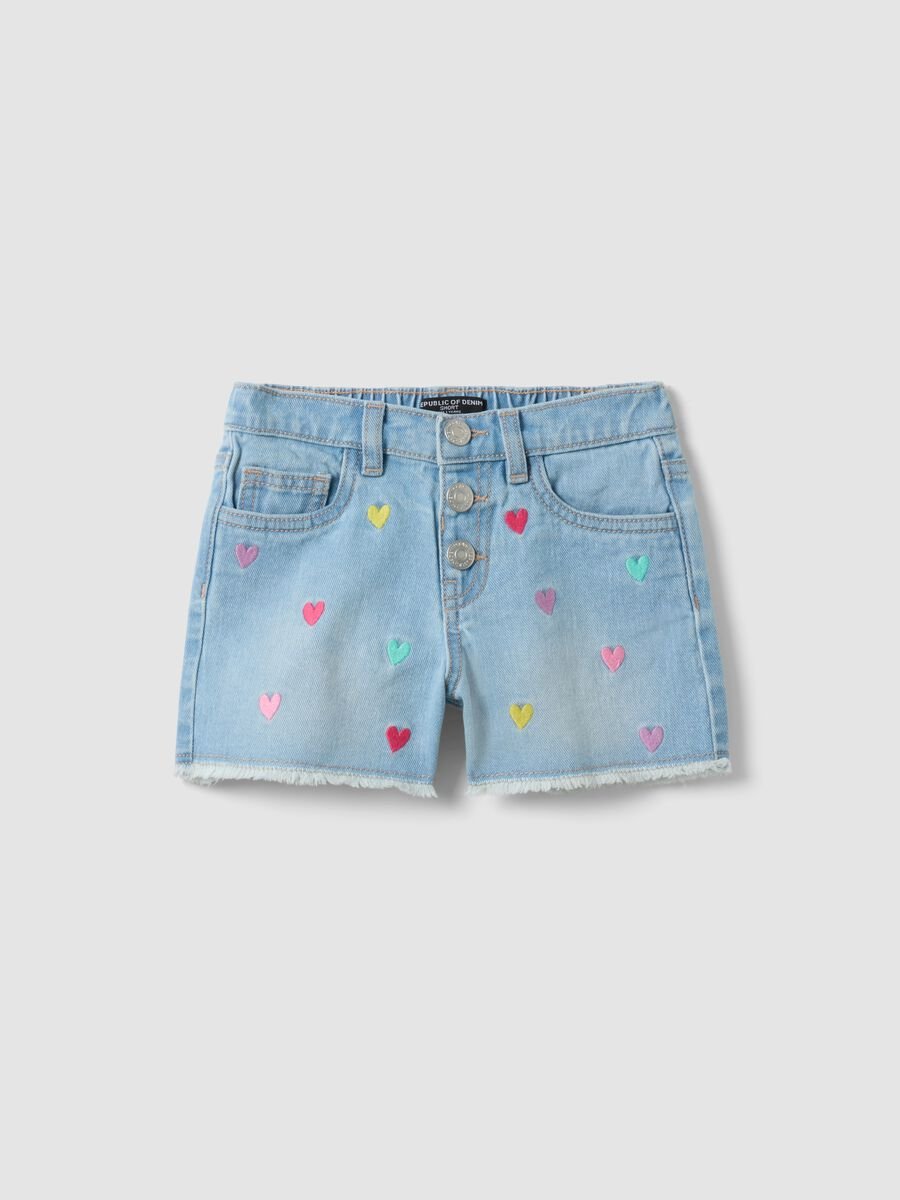 Shorts azzurri in puro cotone denim con cuori ricamati per bambina_0