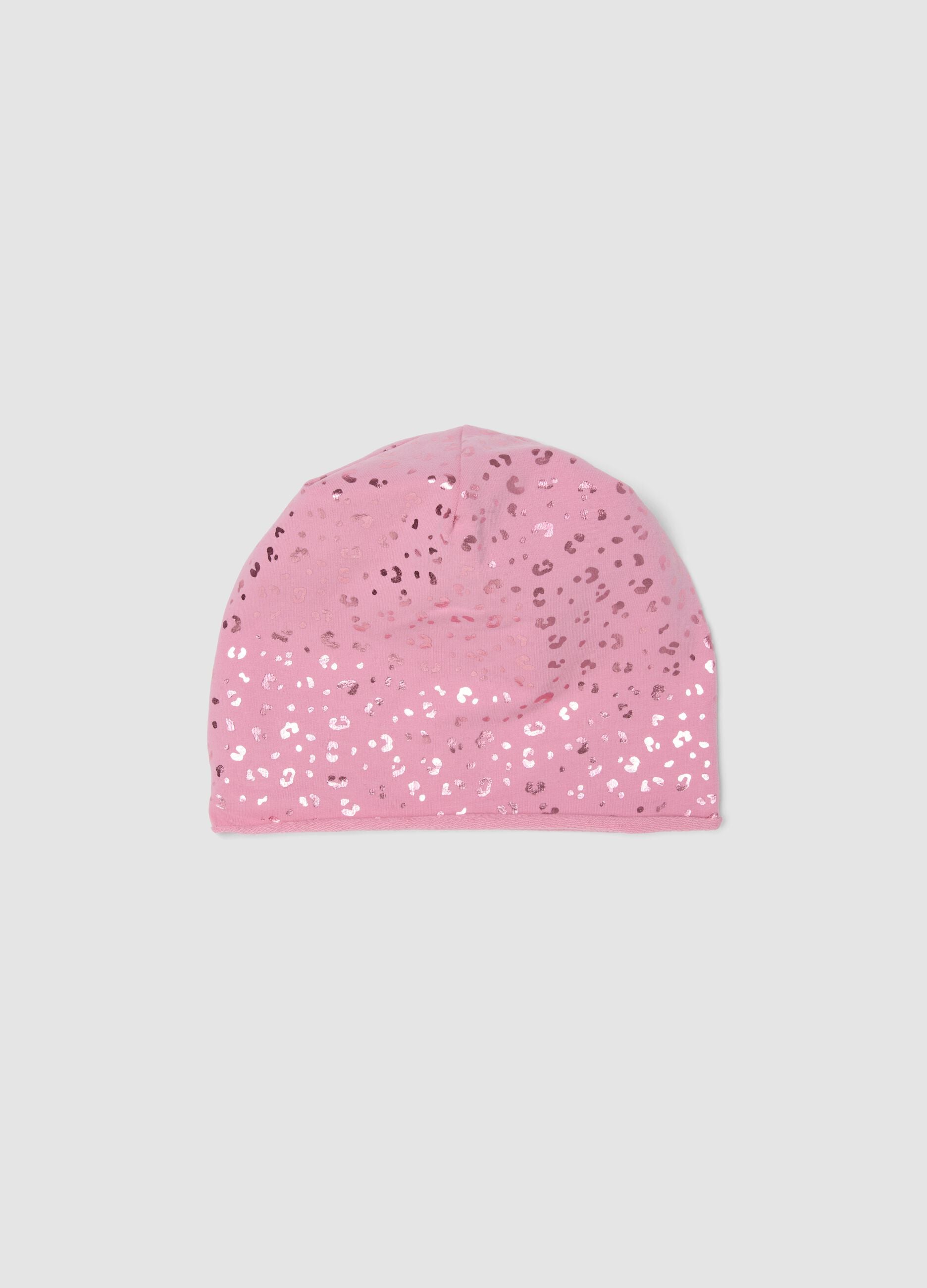 Pink stretch cotton hat with glossy animal print for girls