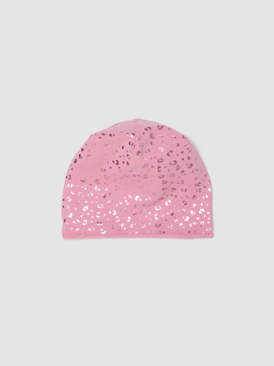 Pink stretch cotton hat with glossy animal print for girls_0