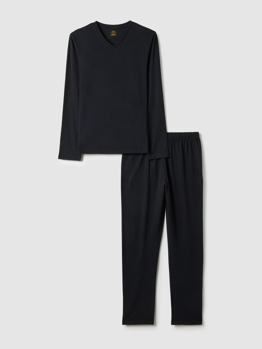 Black long sleeve pyjamas with a V-neck in pure cotton, regular fit_4