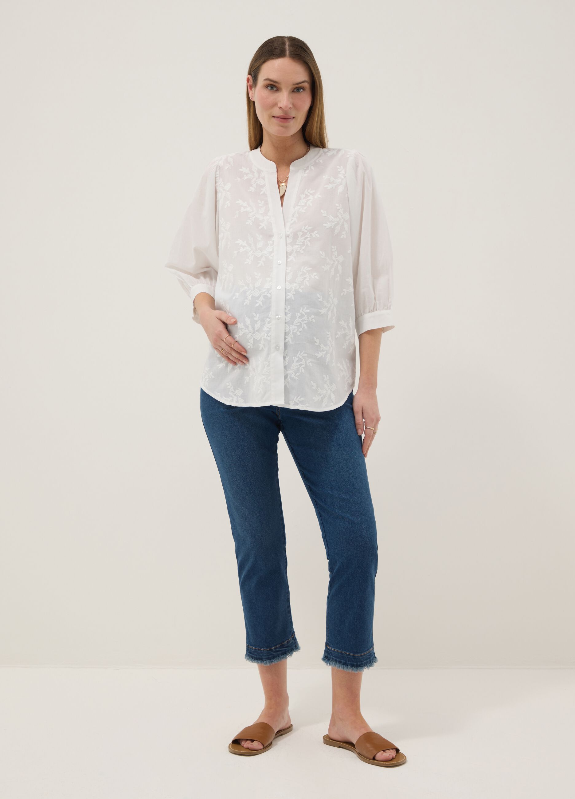 White maternity shirt in pure cotton with Mandarin collar