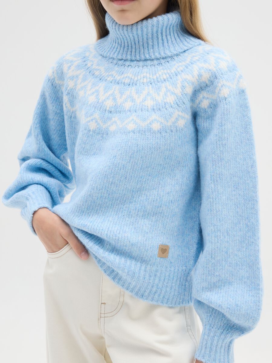 Girls' Light Blue Regular Fit Turtleneck Sweater with Jacquard Pattern_2