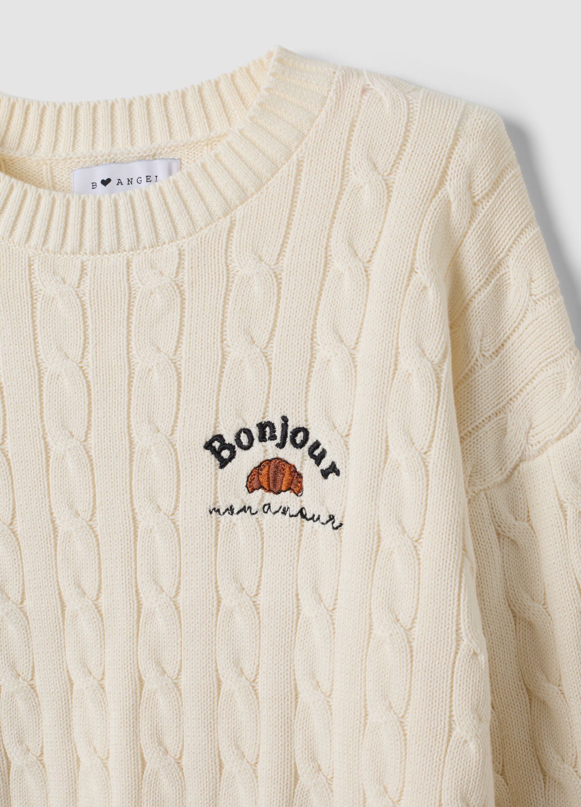 White pure cotton cable-knit jumper with croissant embroidery