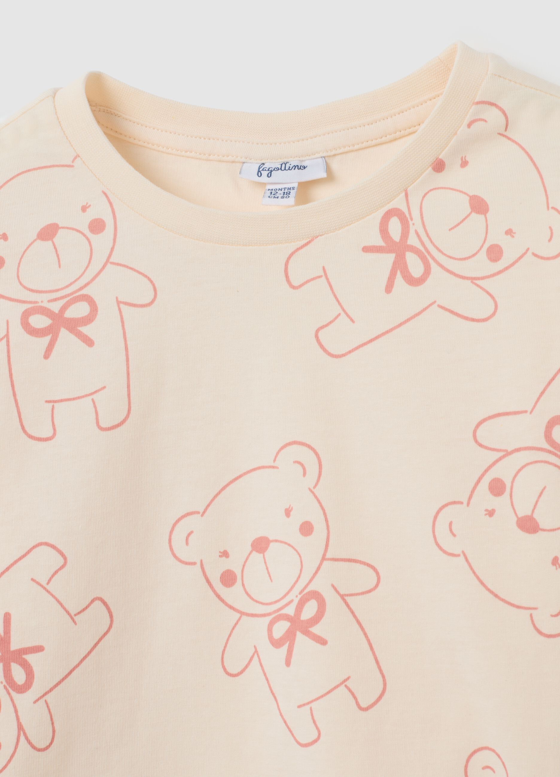 Beige long-sleeve cotton t-shirt with bear print