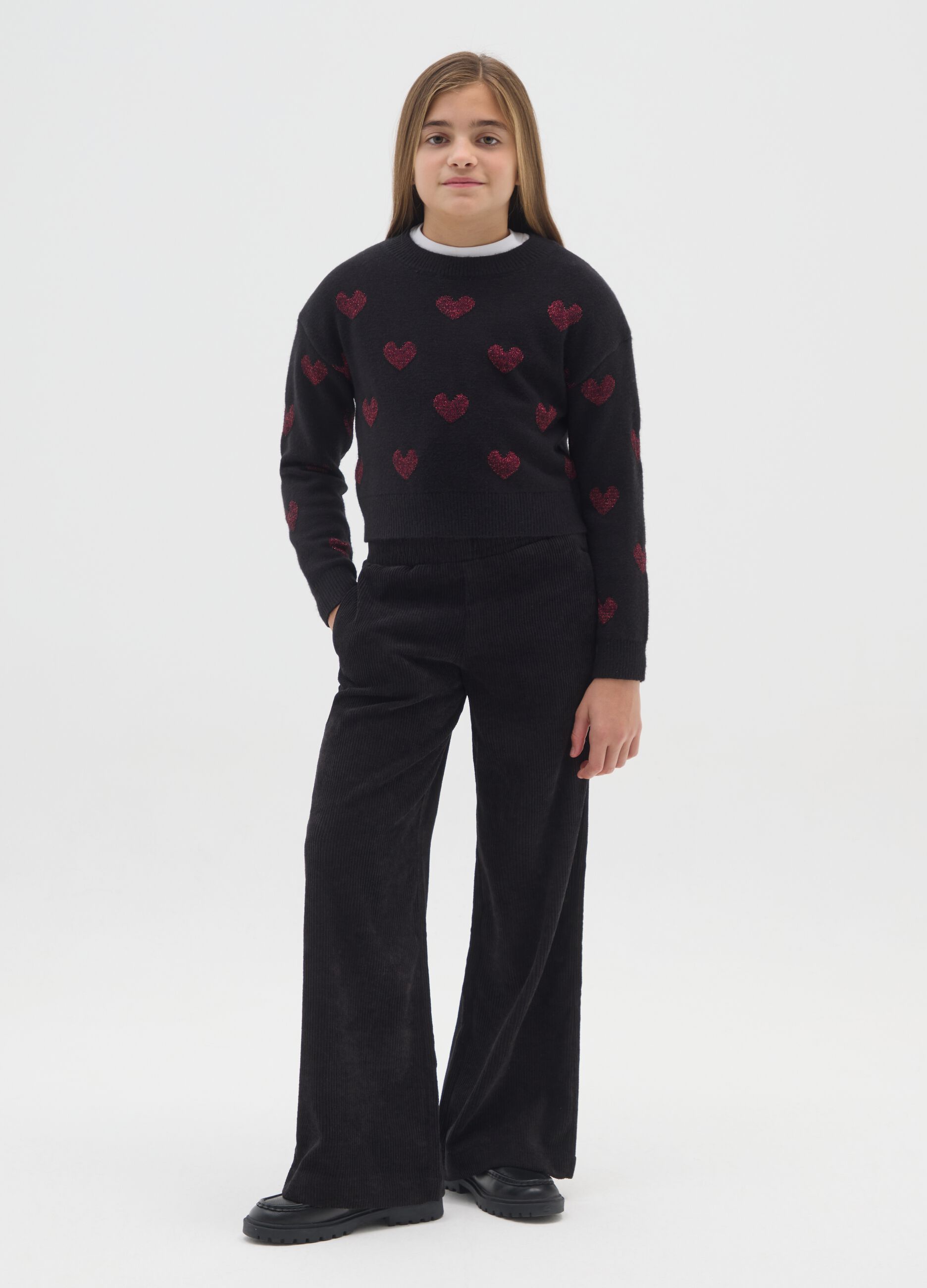 Girls' Black Corduroy Trousers, Relaxed Fit