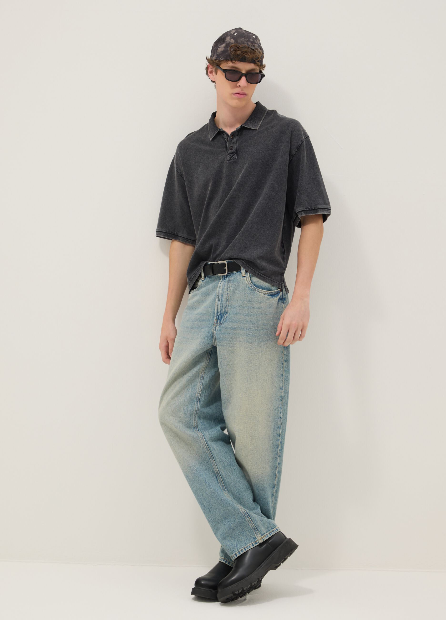 Polo a maniche corte in puro cotone nero regular fit