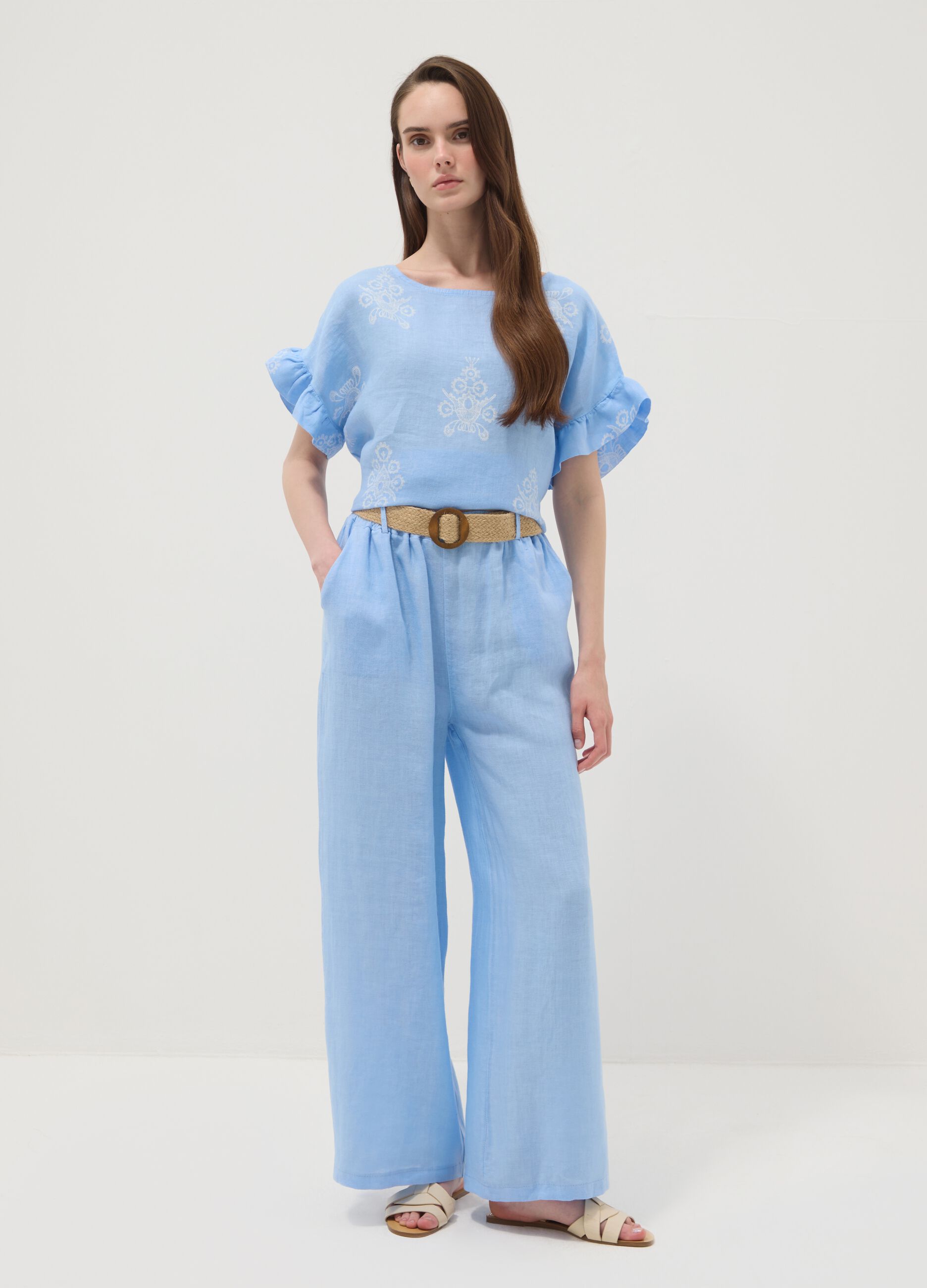 Light blue pure linen blouse with embroidery and ruffled sleeves, regular fit