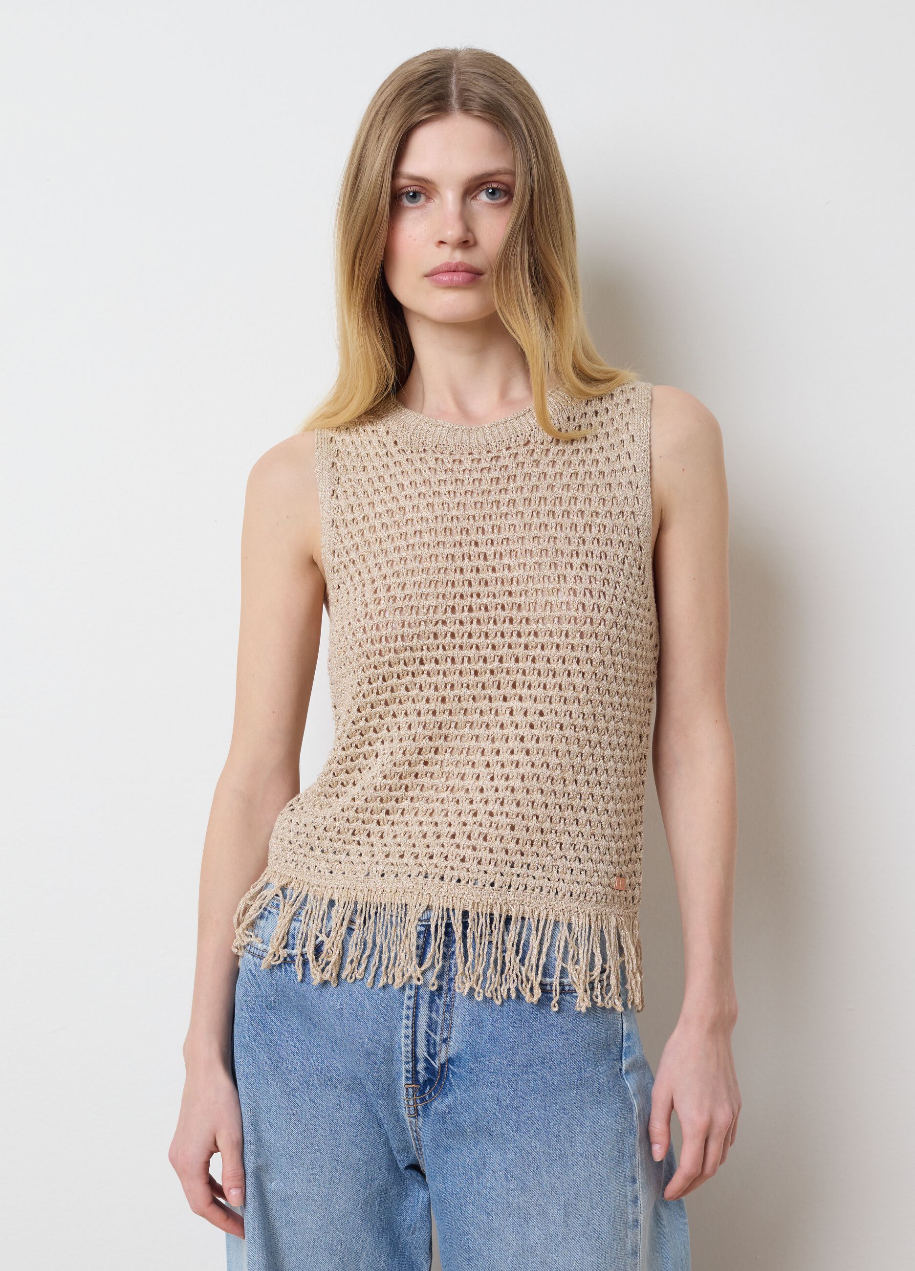 Tank top crochet in lurex con frange