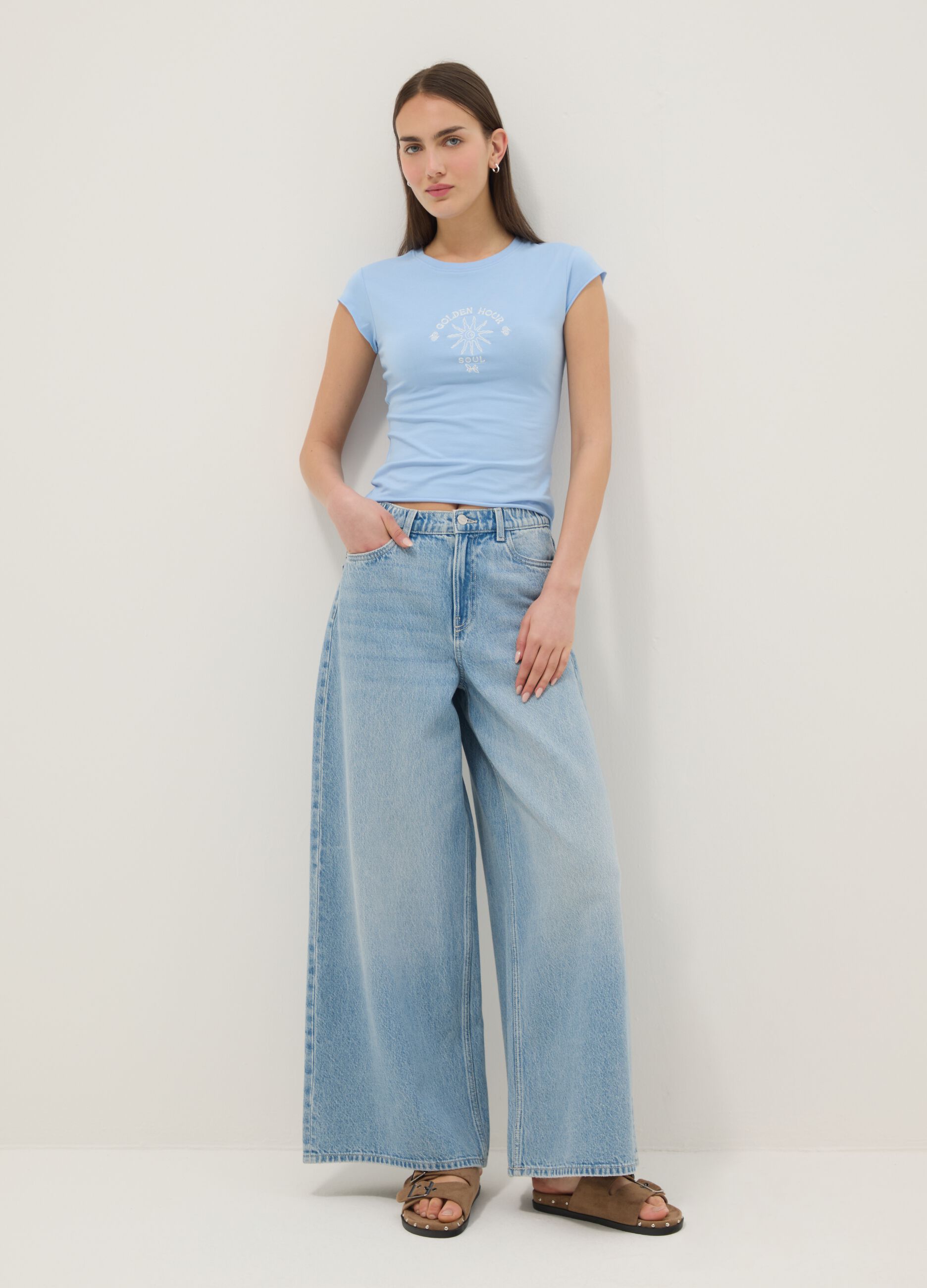 Blue fitted stretch-cotton T-shirt with print