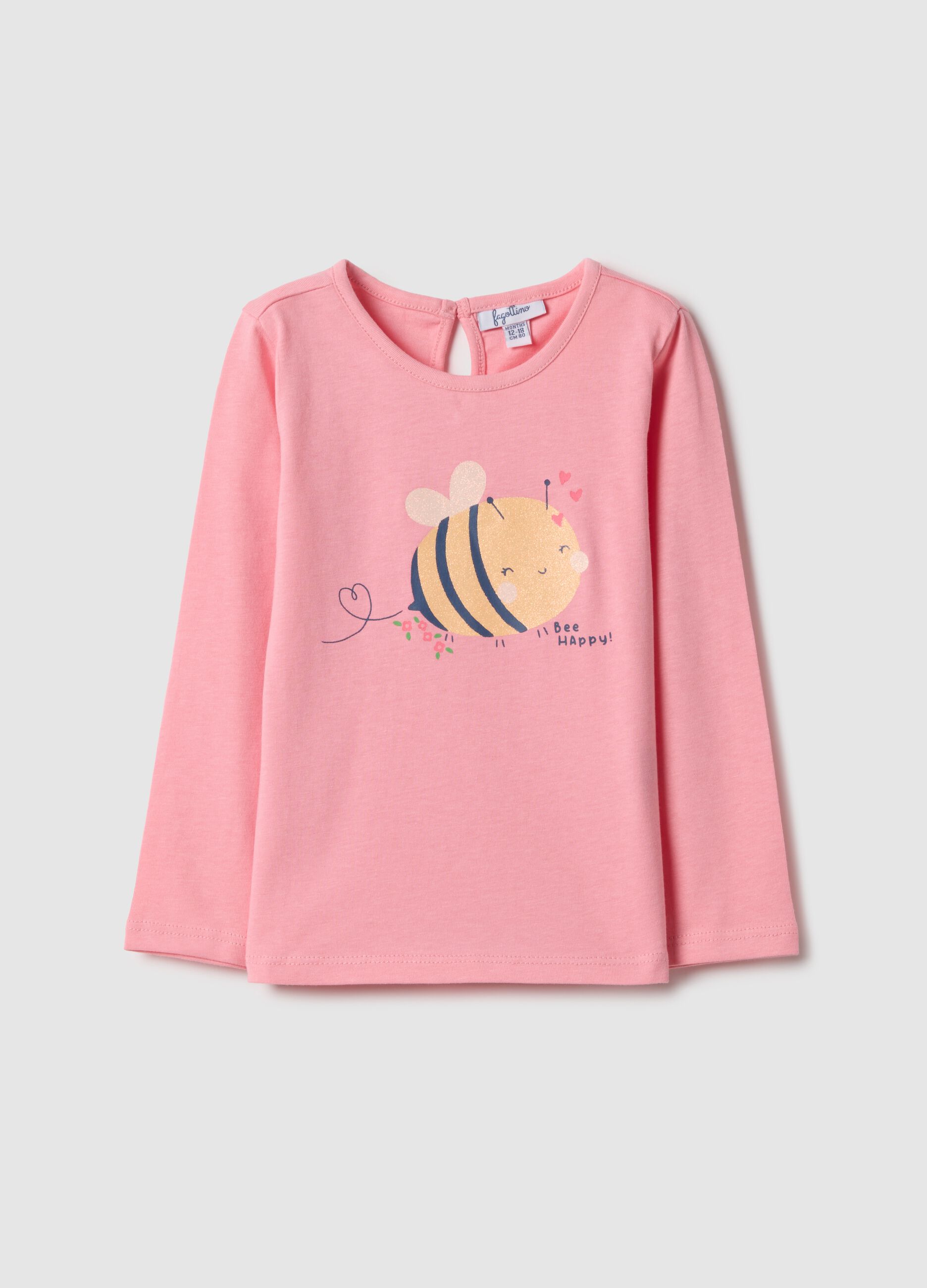 Girls' pink long-sleeve pure cotton top with regular fit and bee design