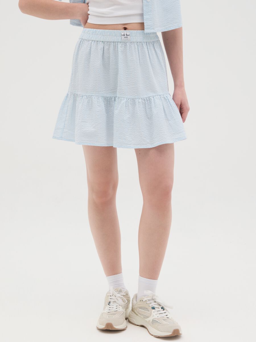 Sky blue seersucker frilled mini skirt in pure cotton_1