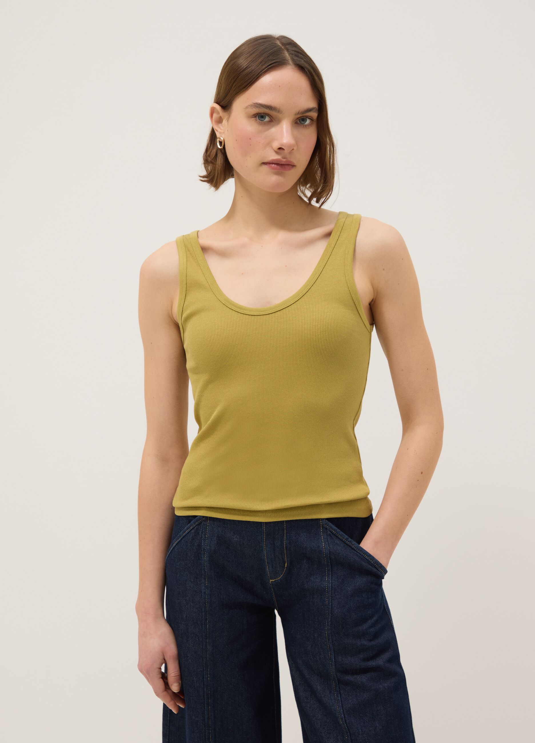 Yellow regular fit stretch cotton tank top