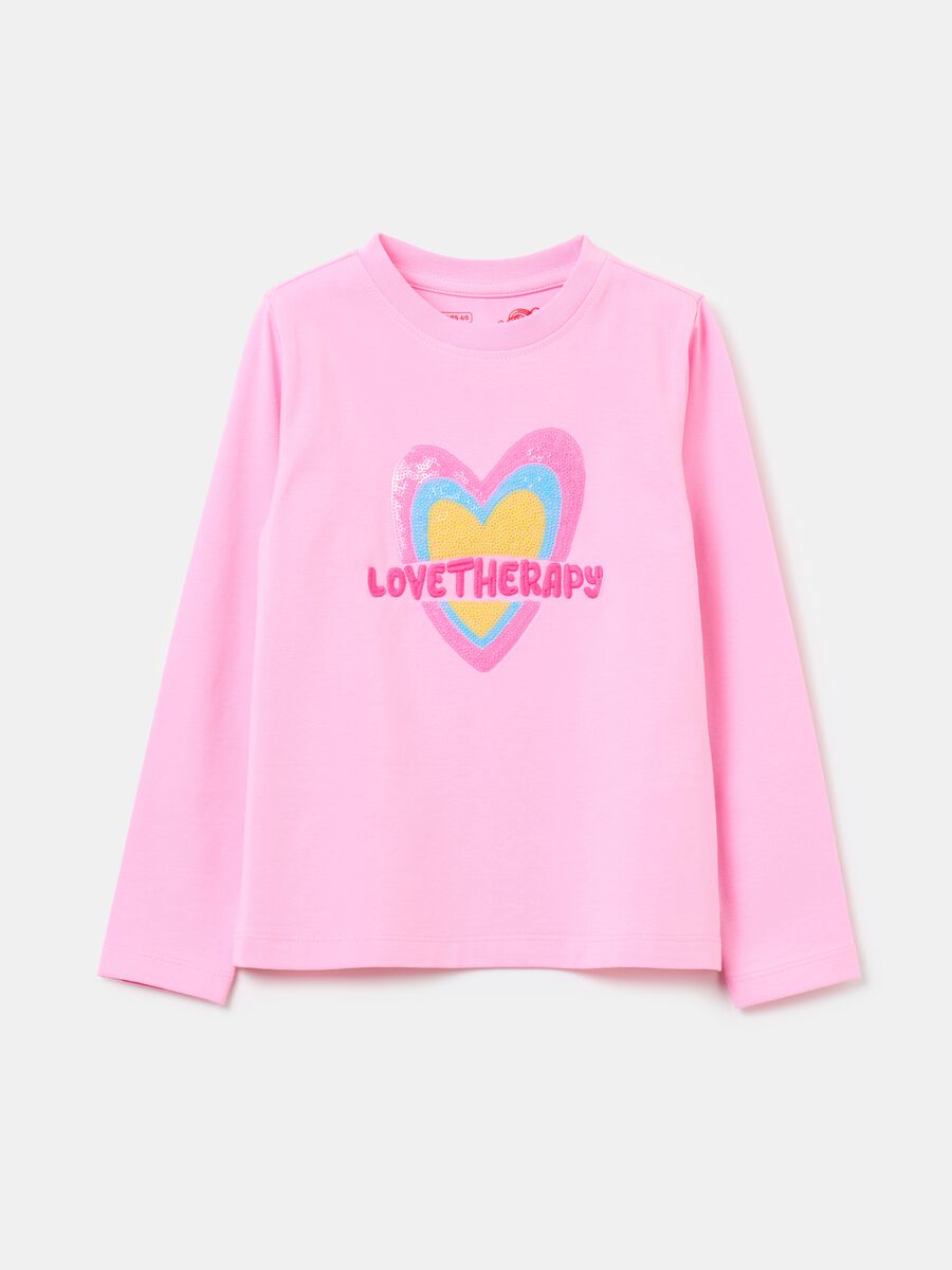 T-shirt a maniche lunghe con cuore di paillettes_0
