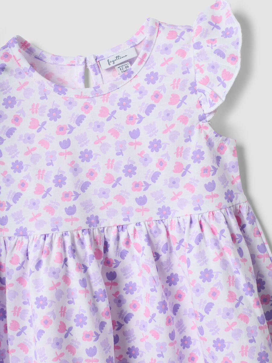Abito mini viola in puro cotone con stampa floreale_2