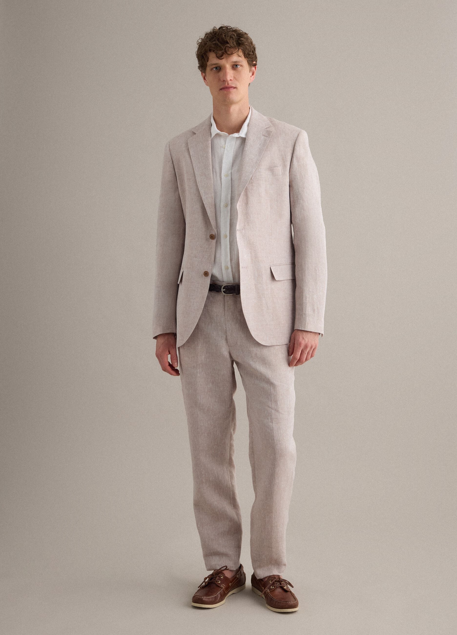 Beige pure linen slim fit trousers
