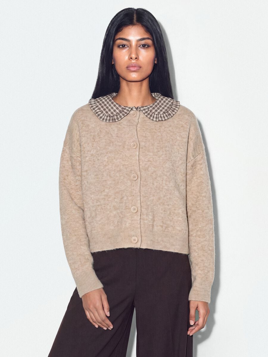 Beige stretch-fabric crew-neck cardigan with oversized fit_0