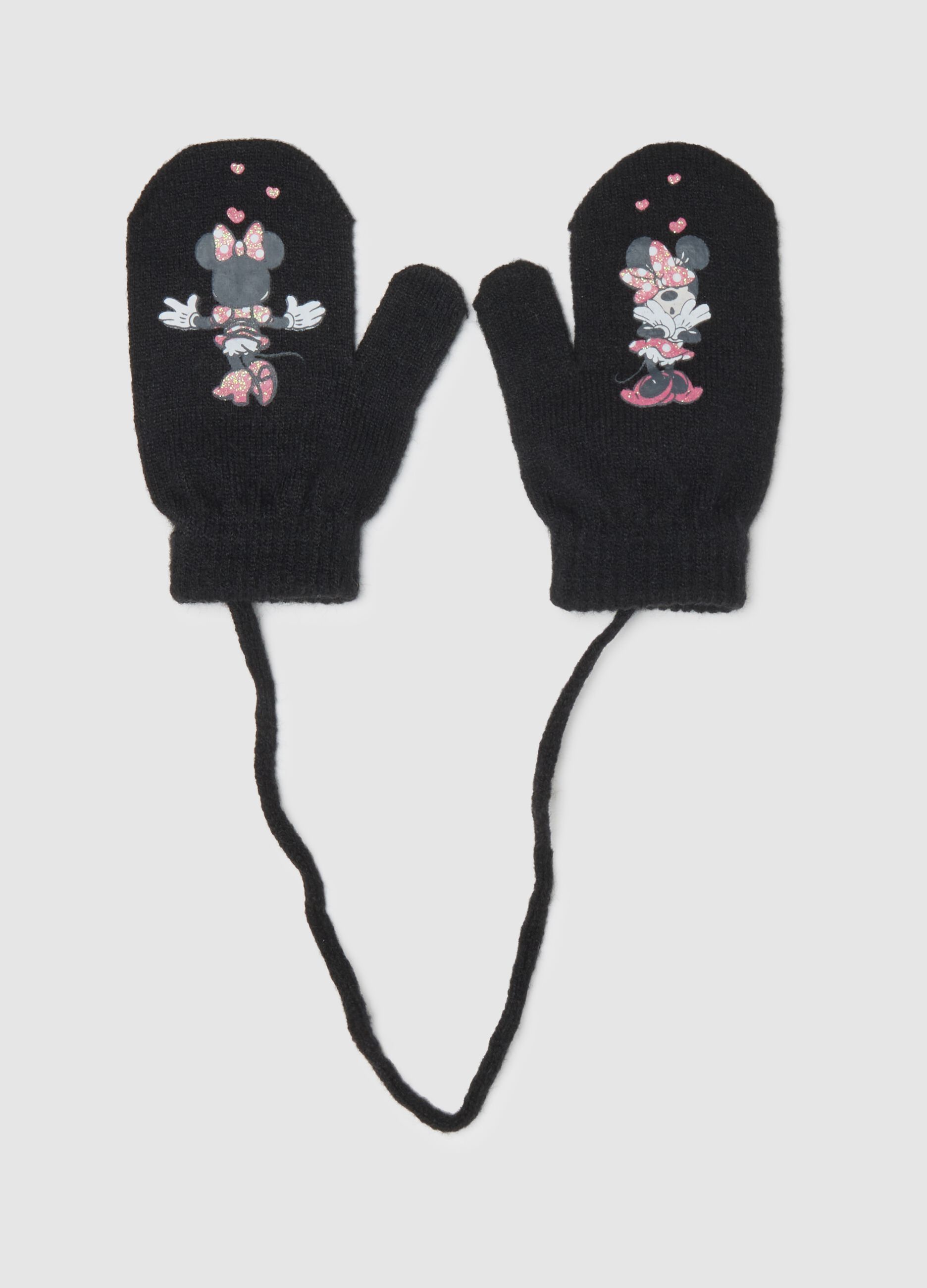Black toddler gloves with cord and Minnie print