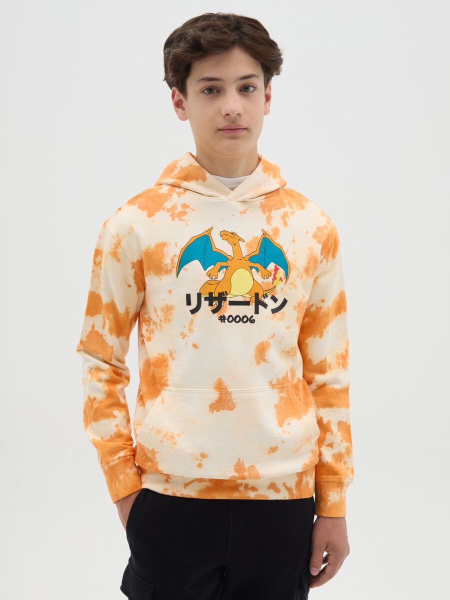 Orange tie-dye sweatshirt with hood and Charizard print_0