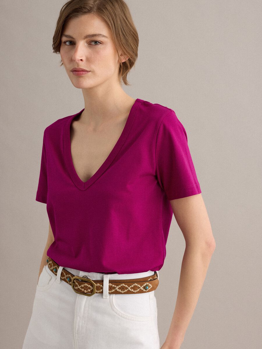 Purple pure cotton V-neck T-shirt regular fit_0