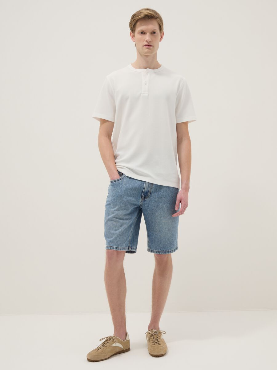 Blue Slim Fit Cotton Blend Denim Shorts_0