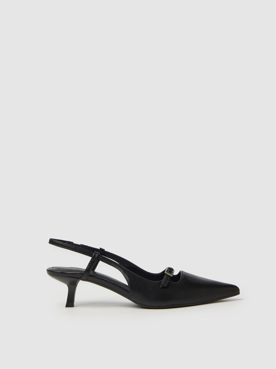 Black genuine leather slingback shoes with strap_0