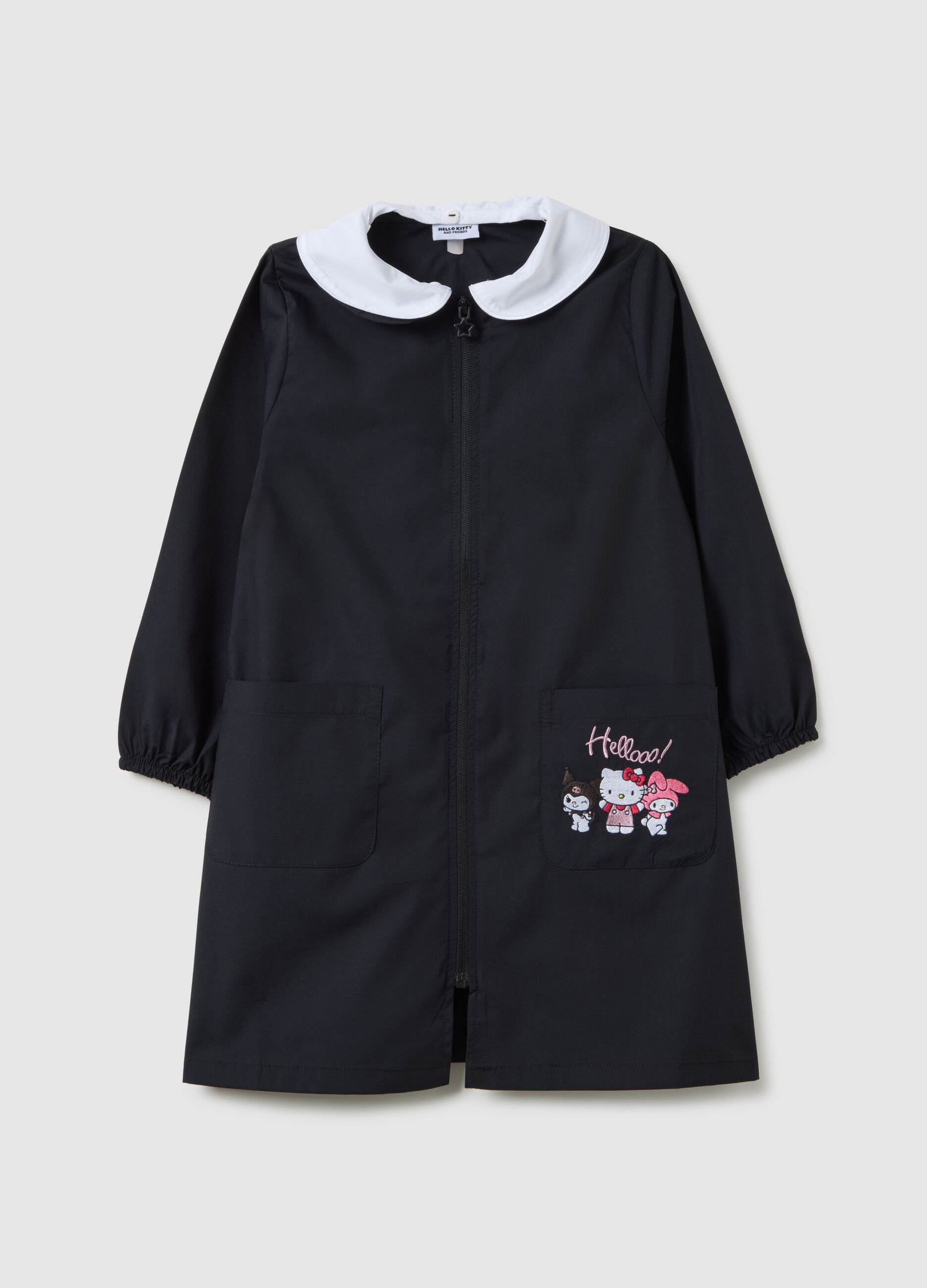 Girls' black cotton blend school apron with embroidery